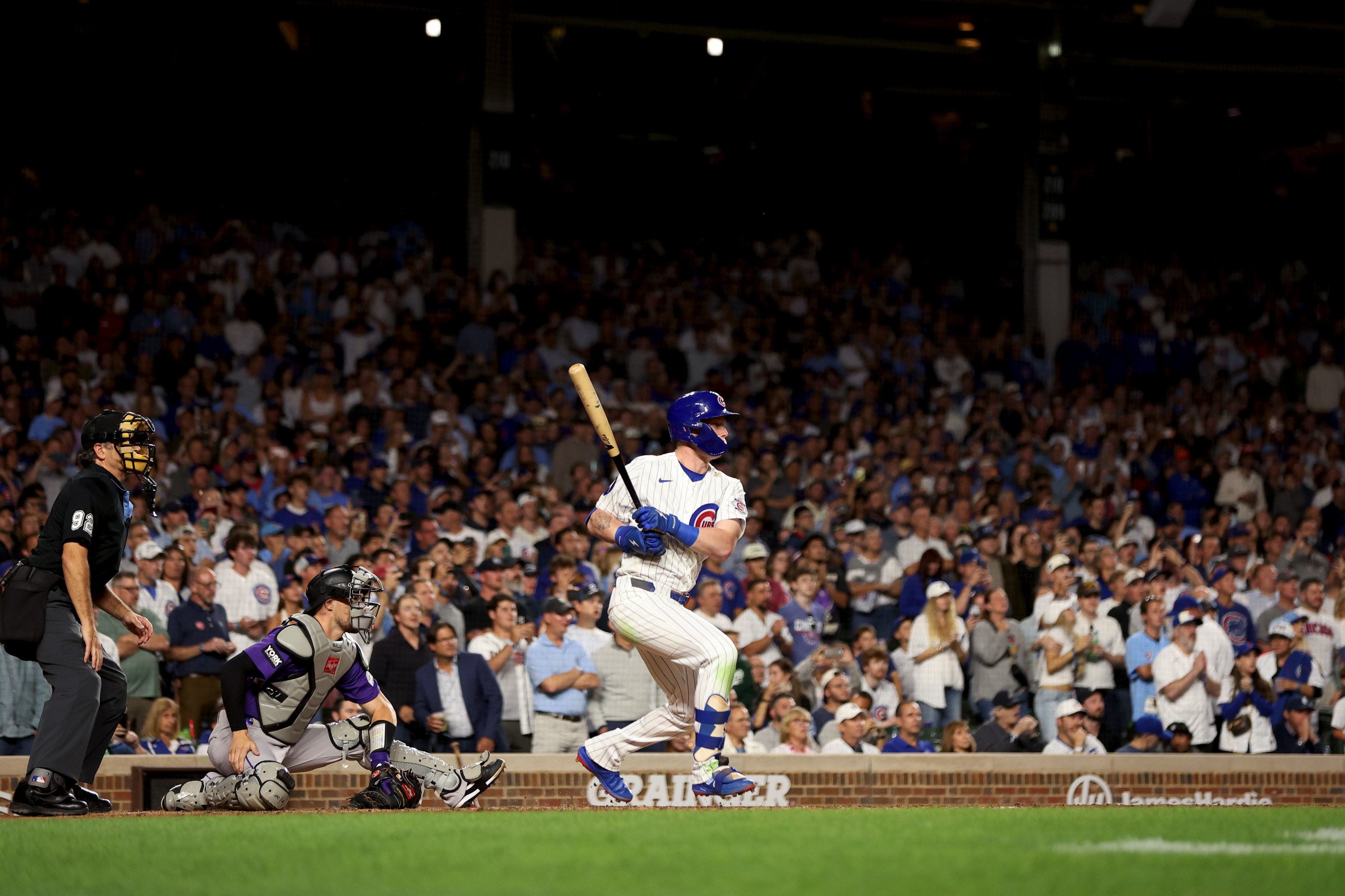 Pete Crow-Armstrong #4 of the Chicago Cubs hits a single to complete the cycle
