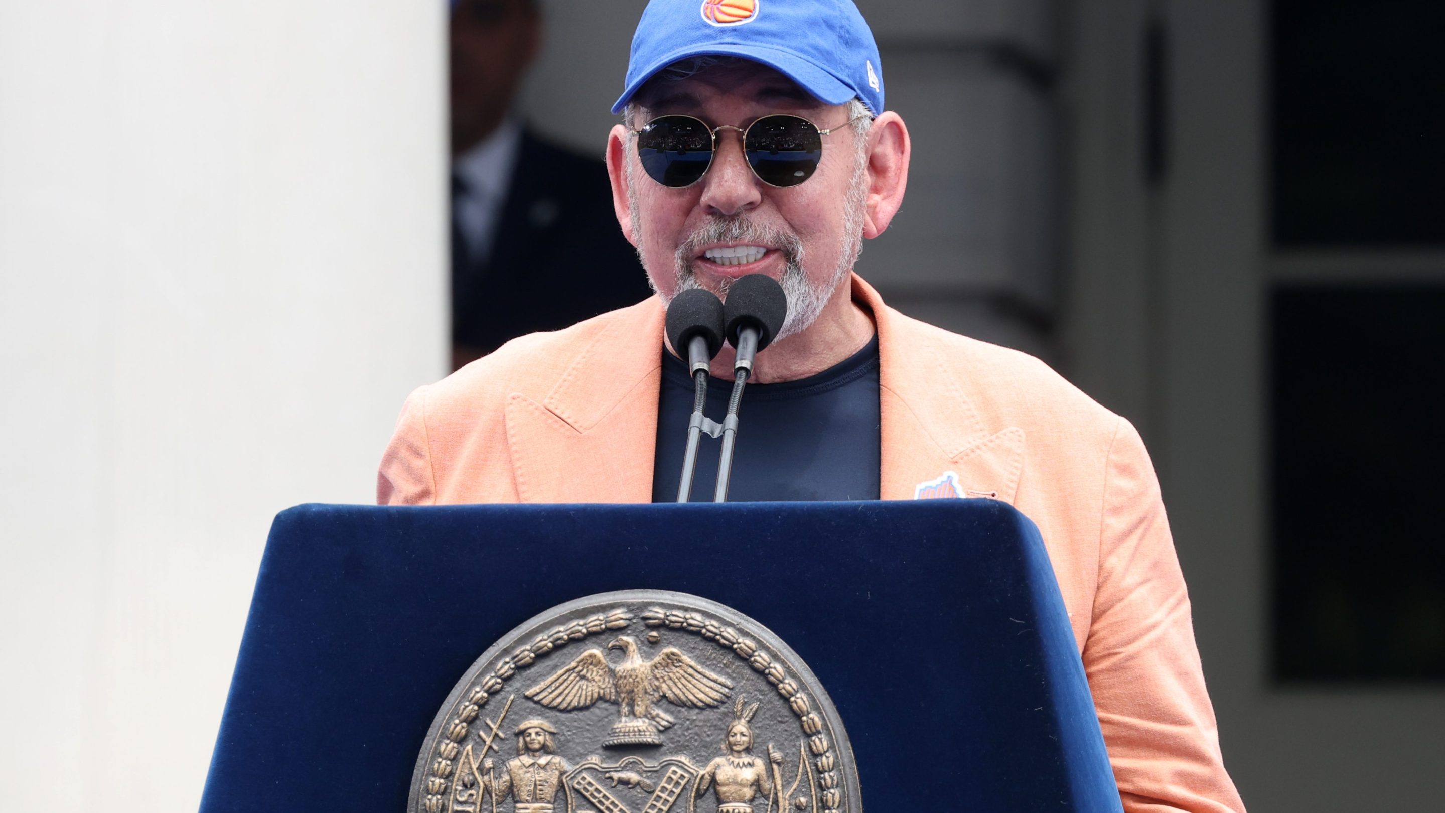 James Dolan speaks during the New York Knicks Championship ticker tape parade