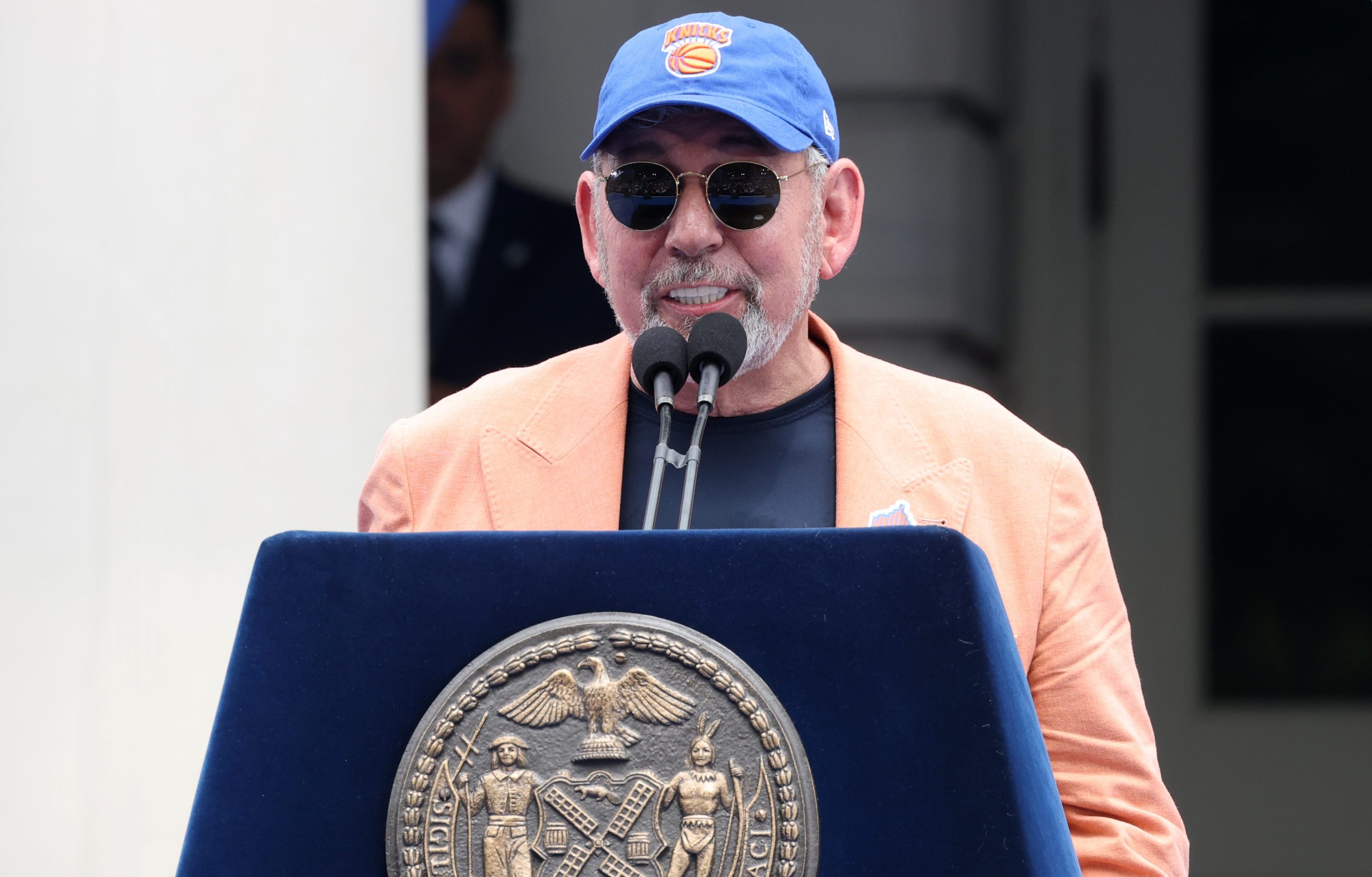James Dolan speaks during the New York Knicks Championship ticker tape parade