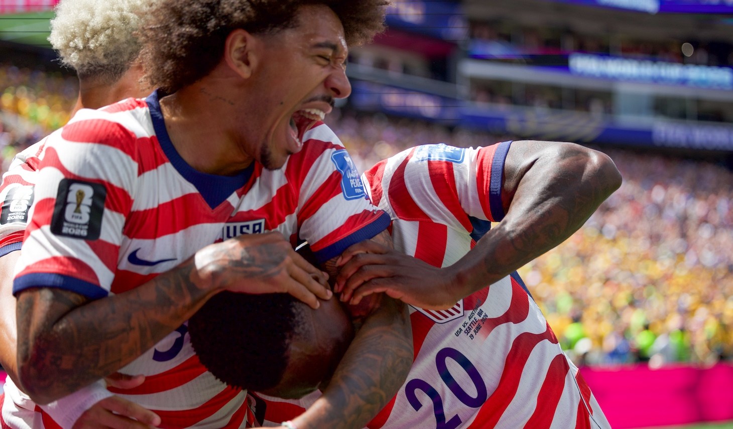 Chris Richards and Folarin Balogun of the United States celebrate a goal during the FIFA World Cup 2026 Group D match between USA and Australia