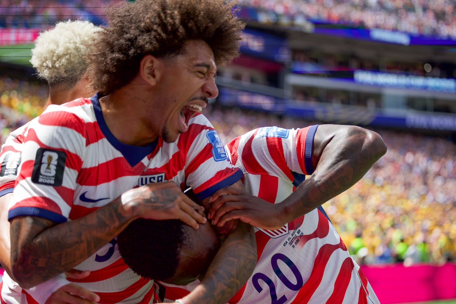 Chris Richards and Folarin Balogun of the United States celebrate a goal during the FIFA World Cup 2026 Group D match between USA and Australia
