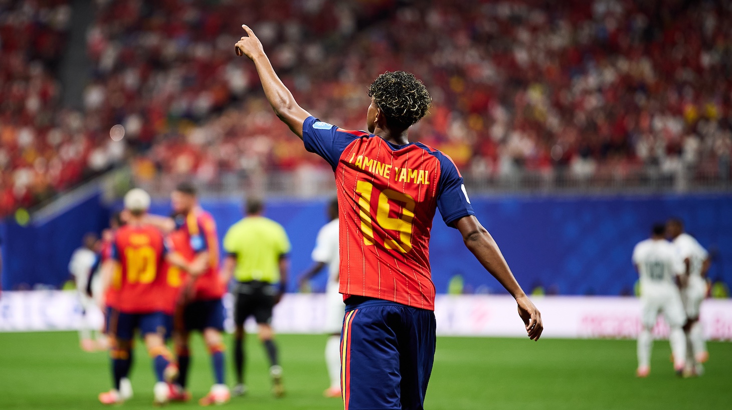 Lamine Yamal of Spain celebrates after scoring their side's first goal during the FIFA World Cup 2026 Group H match between Spain and Saudi Arabia.