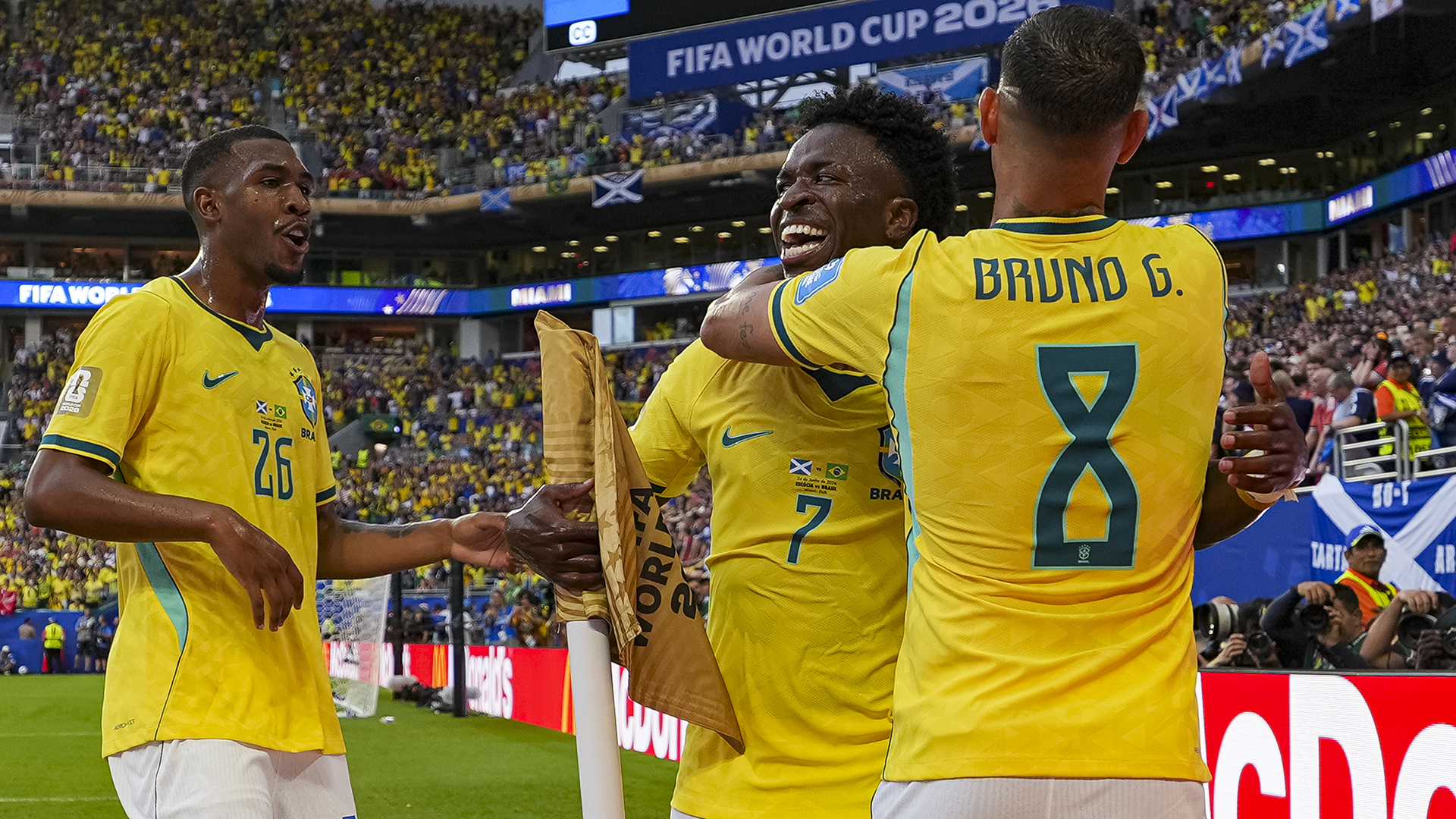 Vinícius Júnior of Brazil celebrates his goal with teammates during the FIFA World Cup 2026 Group C match between Scotland and Brazil at Miami Stadium on June 24, 2026 in Miami Gardens, United States.