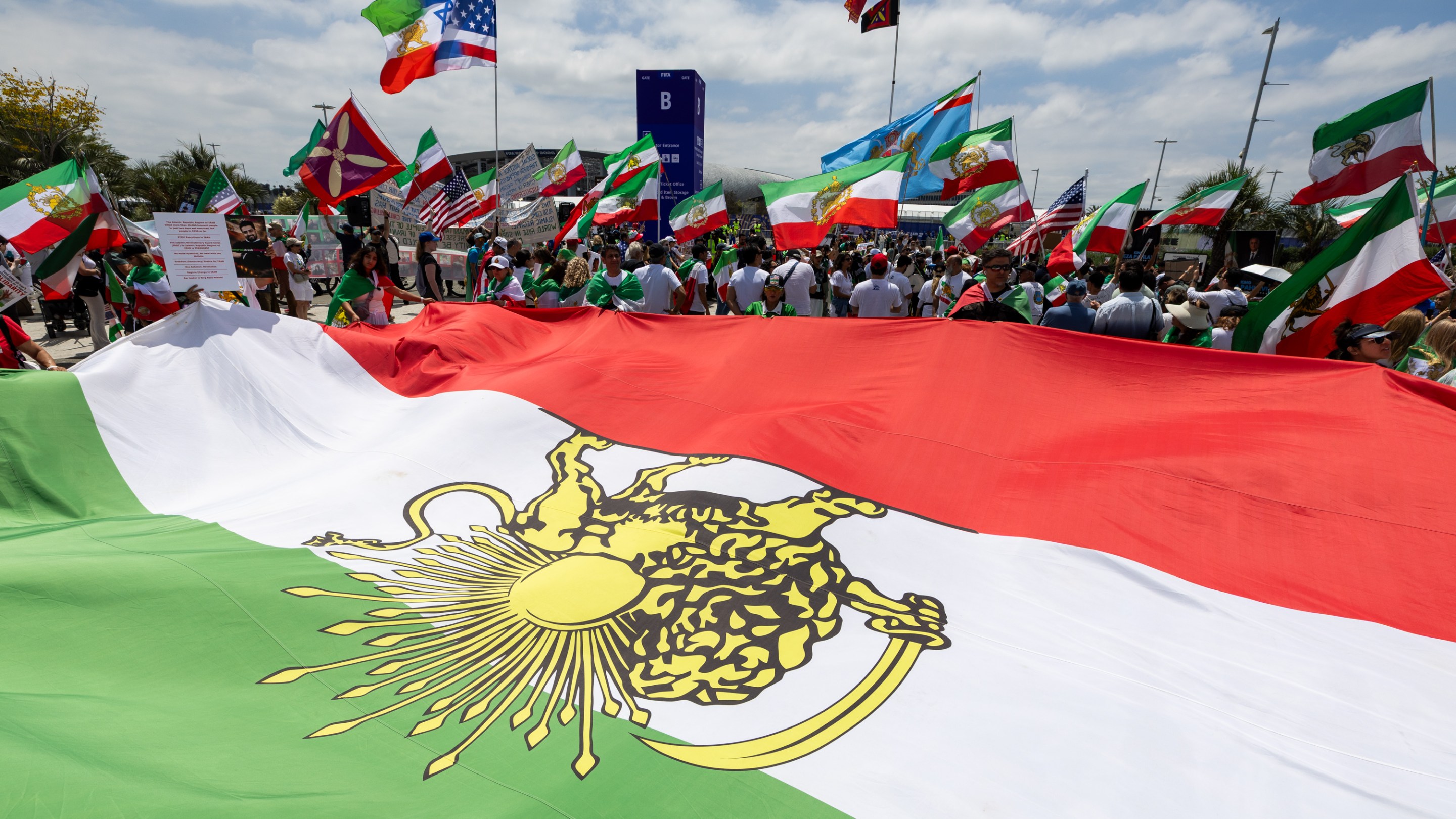 Iranian fans protest outside the Los Angeles Stadium (SoFi Stadium) prior to the FIFA World Cup 2026 Group G match between Belgium and Iran