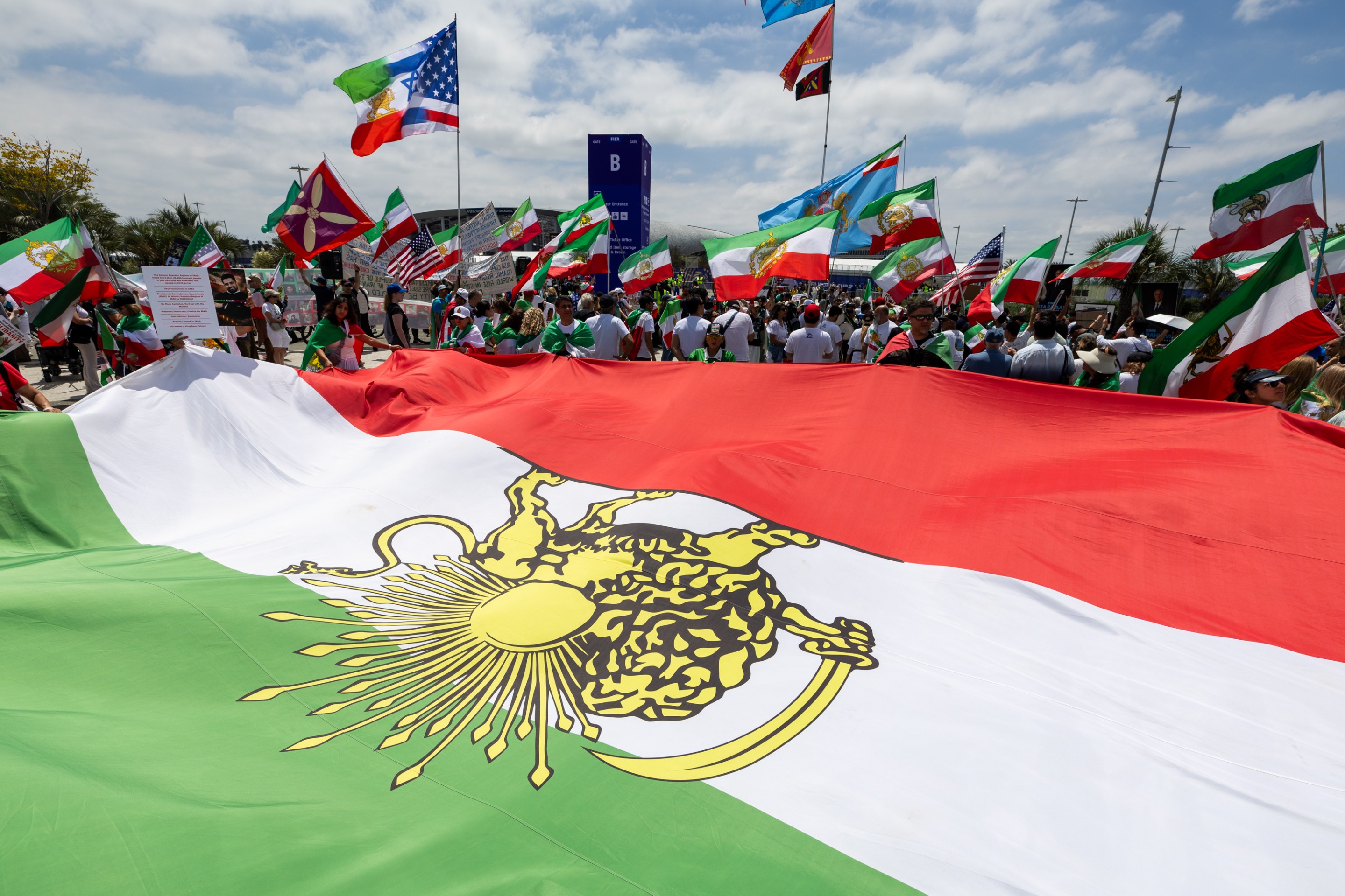 Iranian fans protest outside the Los Angeles Stadium (SoFi Stadium) prior to the FIFA World Cup 2026 Group G match between Belgium and Iran