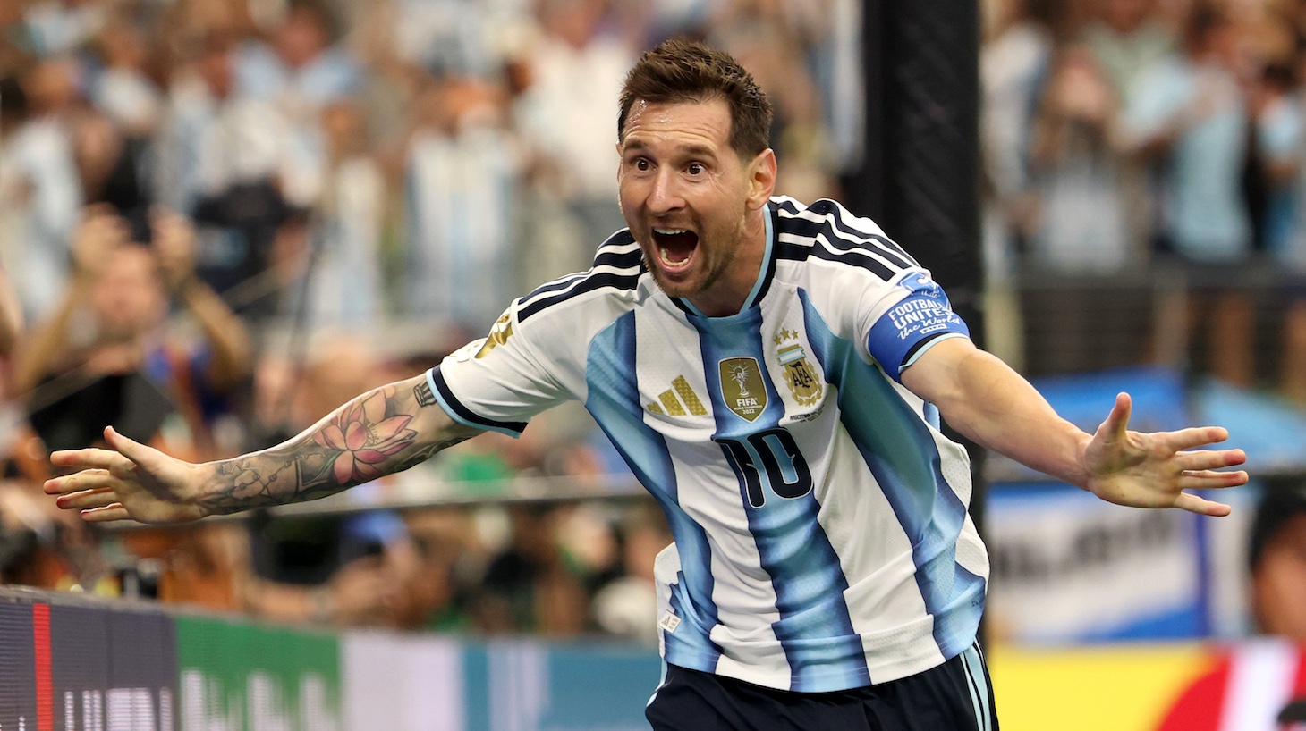 Lionel Messi of Argentina celebrates after scoring his team's second goal during the FIFA World Cup 2026 Group J match between Argentina and Austria.