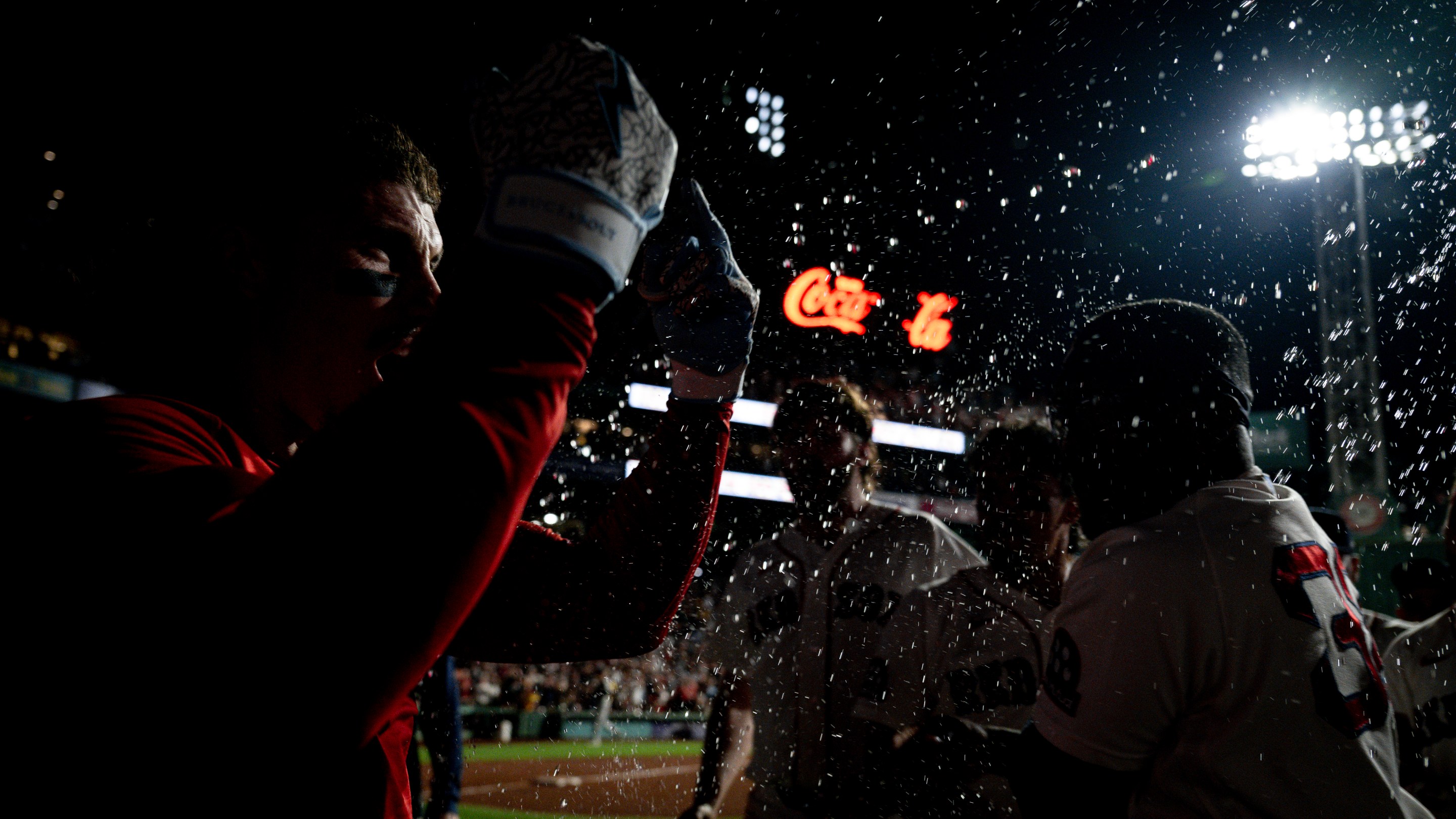 BOSTON, MASSACHUSETTS - JUNE 28: Jarren Duran #16 of the Boston Red Sox is mobbed by teammates after hitting a walk-off single during the tenth inning of a game against the New York Yankees on June 28, 2026 at Fenway Park in Boston, Massachusetts. (Photo by Maddie Malhotra/Boston Red Sox/Getty Images)