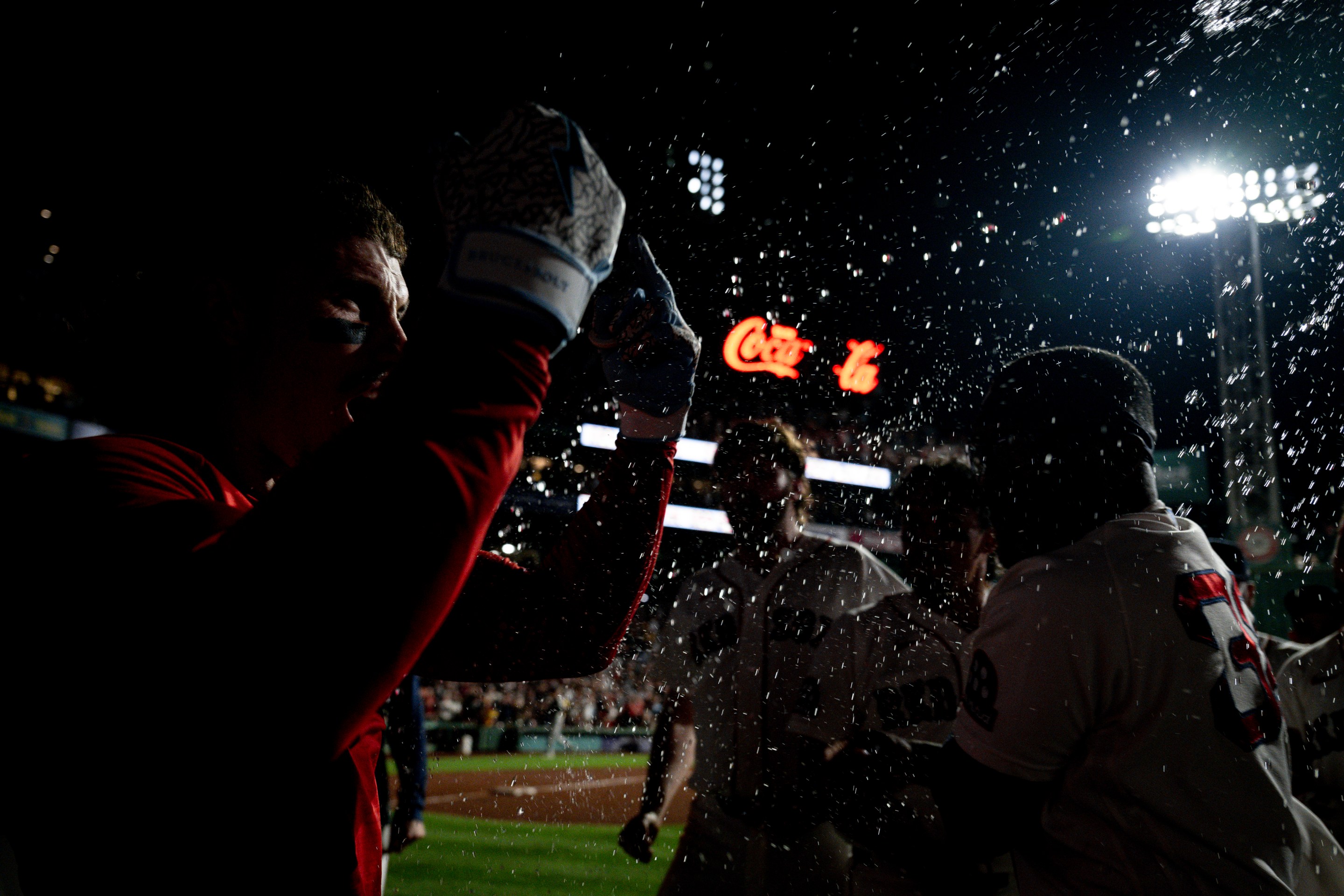 BOSTON, MASSACHUSETTS - JUNE 28: Jarren Duran #16 of the Boston Red Sox is mobbed by teammates after hitting a walk-off single during the tenth inning of a game against the New York Yankees on June 28, 2026 at Fenway Park in Boston, Massachusetts. (Photo by Maddie Malhotra/Boston Red Sox/Getty Images)