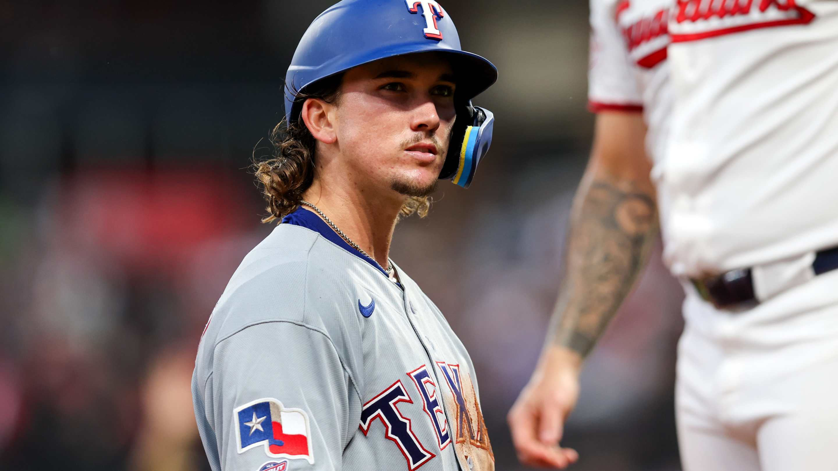 Texas Rangers second baseman Cameron Cauley (27), in his major league debut, reacts after hitting a triple for his first major league hit during the seventh inning of the Major League Baseball game between the Texas Rangers and Cleveland Guardians on June 29, 2026