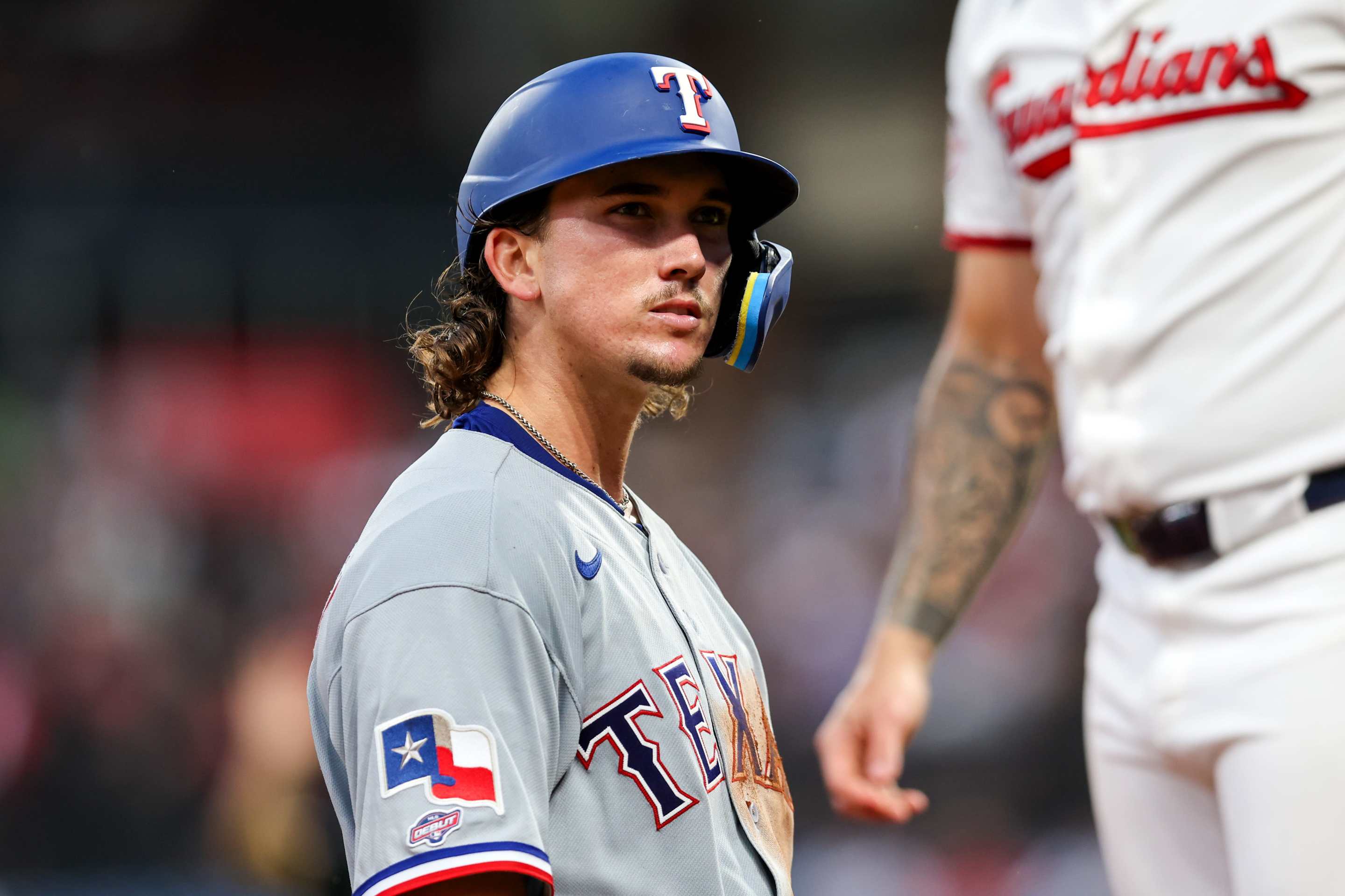 Texas Rangers second baseman Cameron Cauley (27), in his major league debut, reacts after hitting a triple for his first major league hit during the seventh inning of the Major League Baseball game between the Texas Rangers and Cleveland Guardians on June 29, 2026