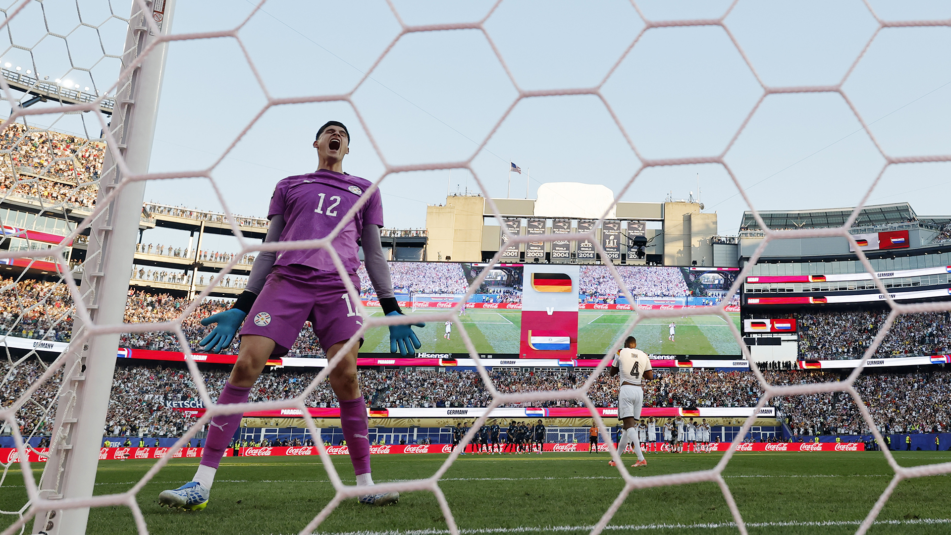 Orlando Gill #12 of Paraguay celebrates after saving the sixth penalty by Jonathan Tah #4 of Germany in a penalty shootout during the FIFA World Cup 2026 Round Of 32 match between Germany and Paraguay at Boston Stadium on June 29, 2026 in Foxborough, Massachusetts.