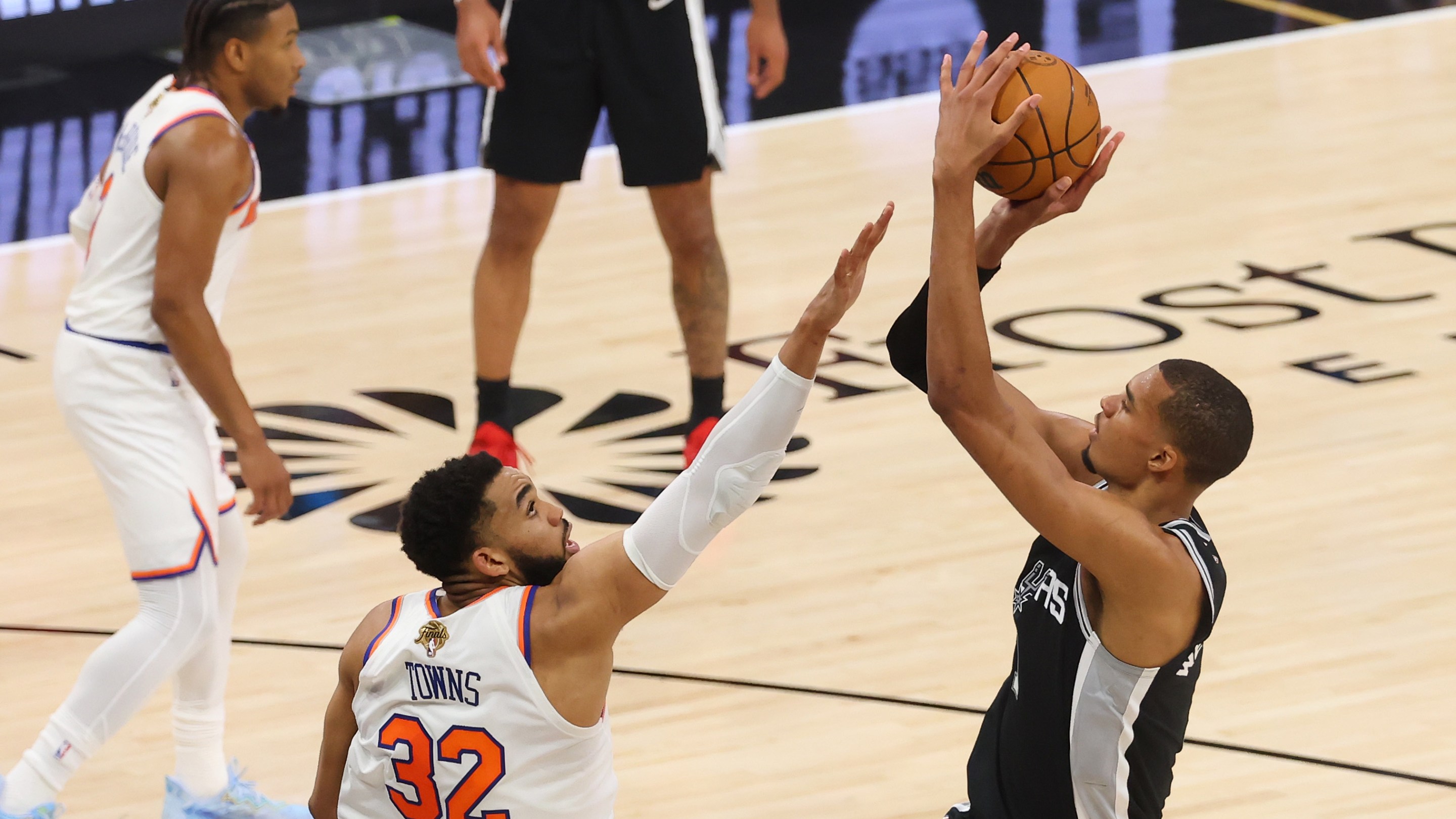 N ANTONIO, TEXAS - JUNE 03: Victor Wembanyama #1 of the San Antonio Spurs shoots the ball against Karl-Anthony Towns #32 of the New York Knicks during the first quarter in Game One of the 2026 NBA Finals at Frost Bank Center on June 03, 2026 in San Antonio, Texas. NOTE TO USER: User expressly acknowledges and agrees that, by downloading and or using this photograph, User is consenting to the terms and conditions of the Getty Images License Agreement. (Photo by Gregory Shamus/Getty Images)