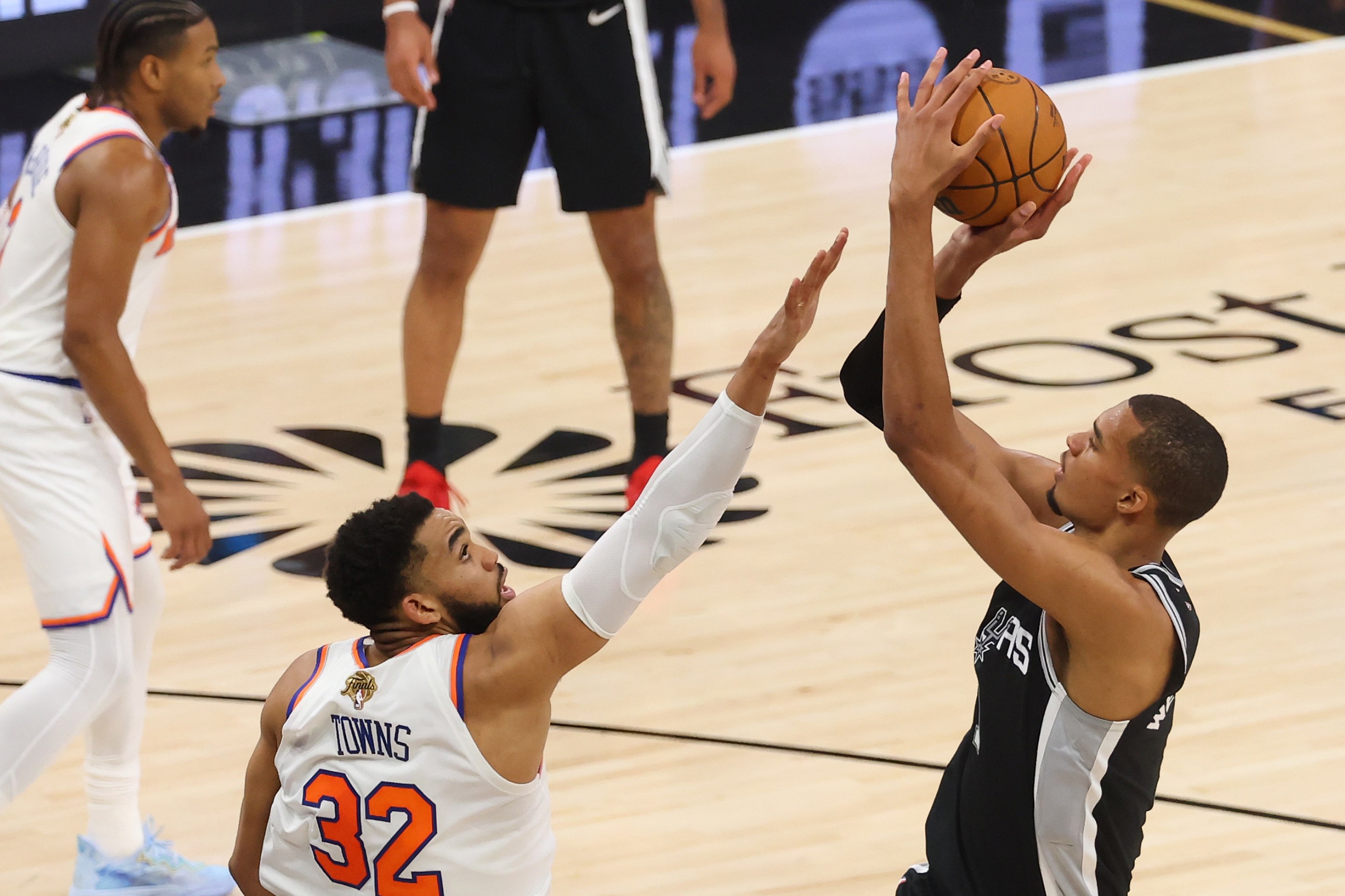 N ANTONIO, TEXAS - JUNE 03: Victor Wembanyama #1 of the San Antonio Spurs shoots the ball against Karl-Anthony Towns #32 of the New York Knicks during the first quarter in Game One of the 2026 NBA Finals at Frost Bank Center on June 03, 2026 in San Antonio, Texas. NOTE TO USER: User expressly acknowledges and agrees that, by downloading and or using this photograph, User is consenting to the terms and conditions of the Getty Images License Agreement. (Photo by Gregory Shamus/Getty Images)