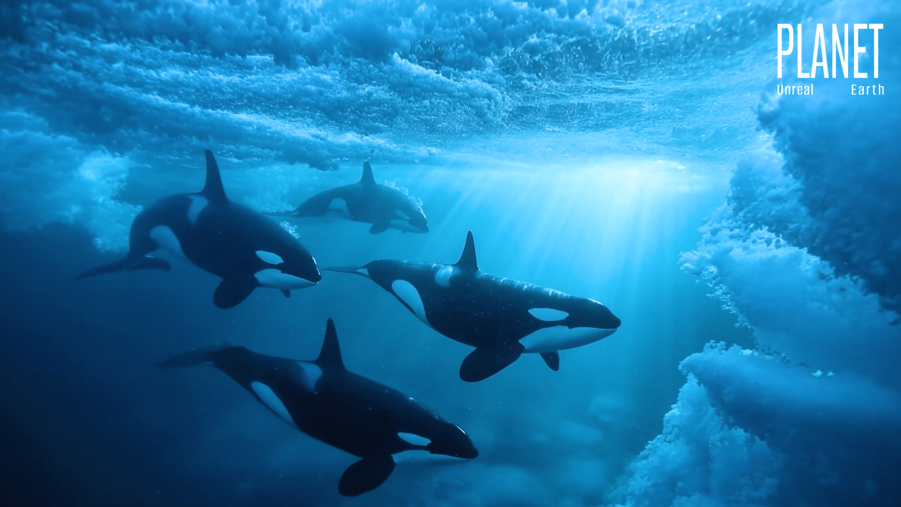 a still from an AI video showing four killer whales moving under the ice