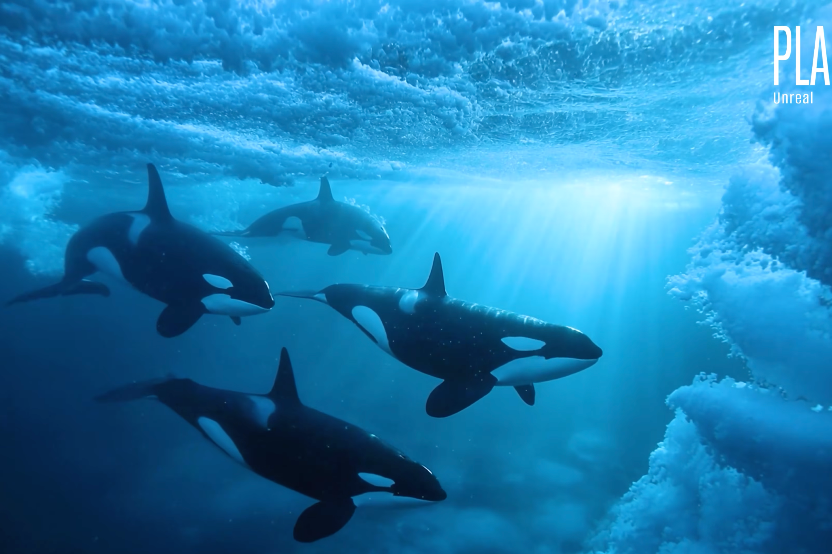 a still from an AI video showing four killer whales moving under the ice