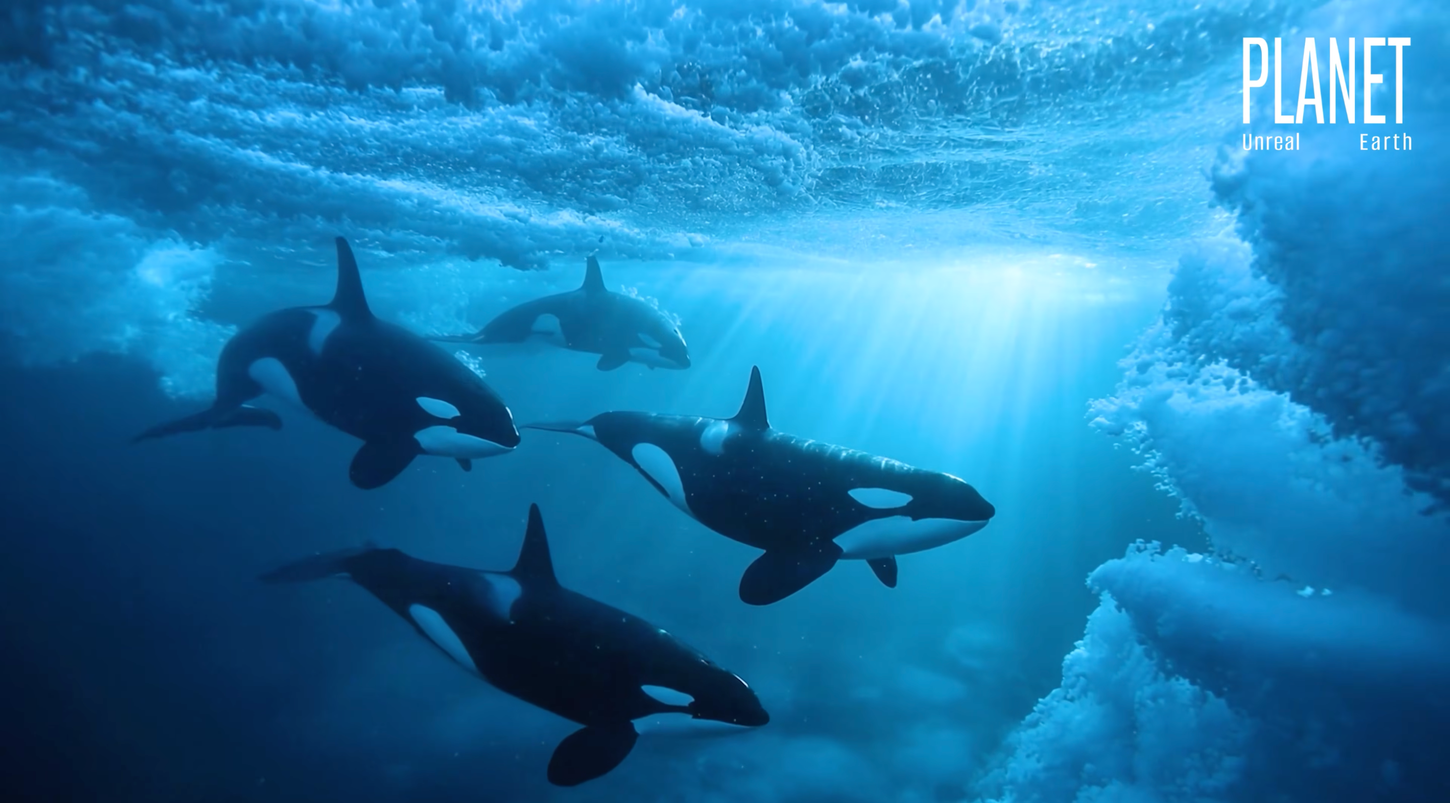 a still from an AI video showing four killer whales moving under the ice
