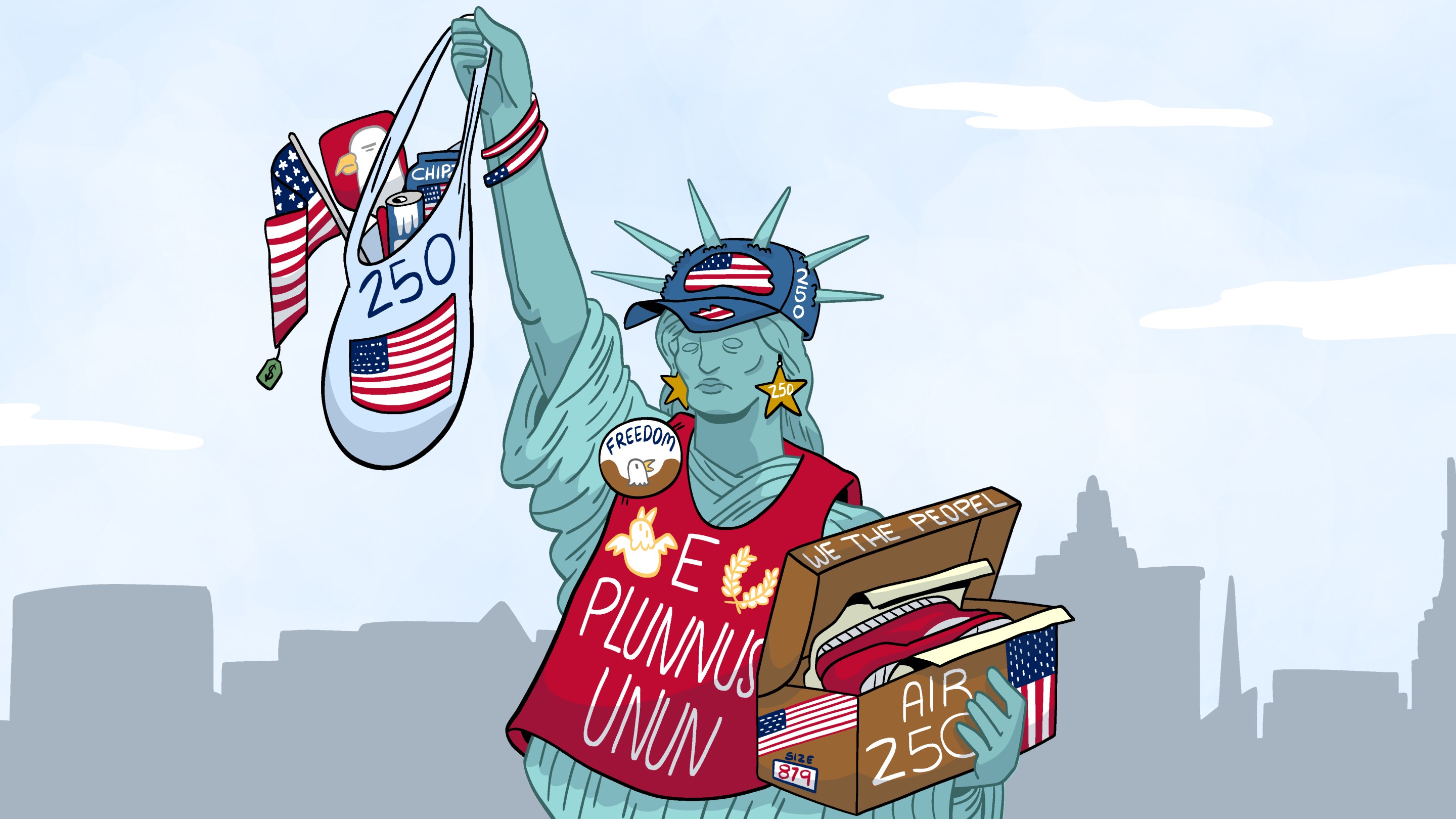 A drawing of the State of Liberty wearing a bunch of cheaply made America250 merchandise.