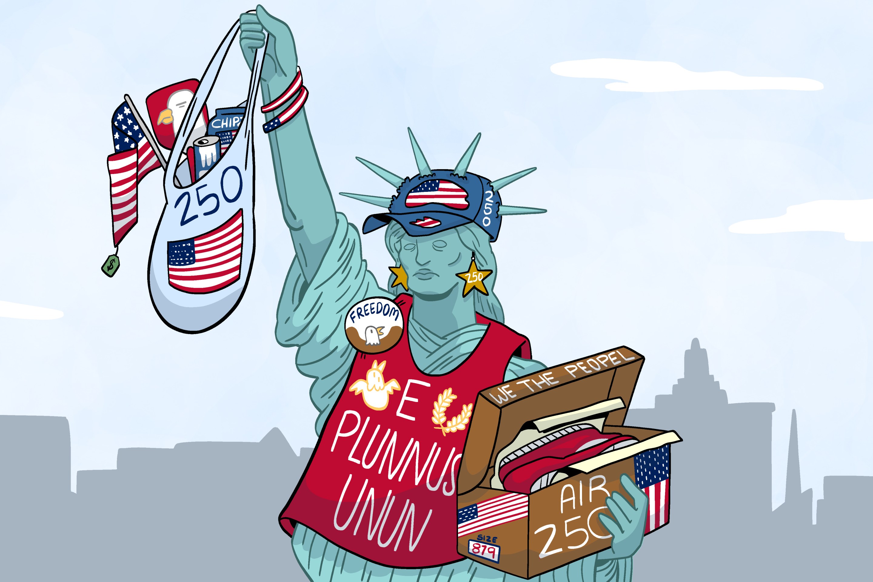 A drawing of the State of Liberty wearing a bunch of cheaply made America250 merchandise.