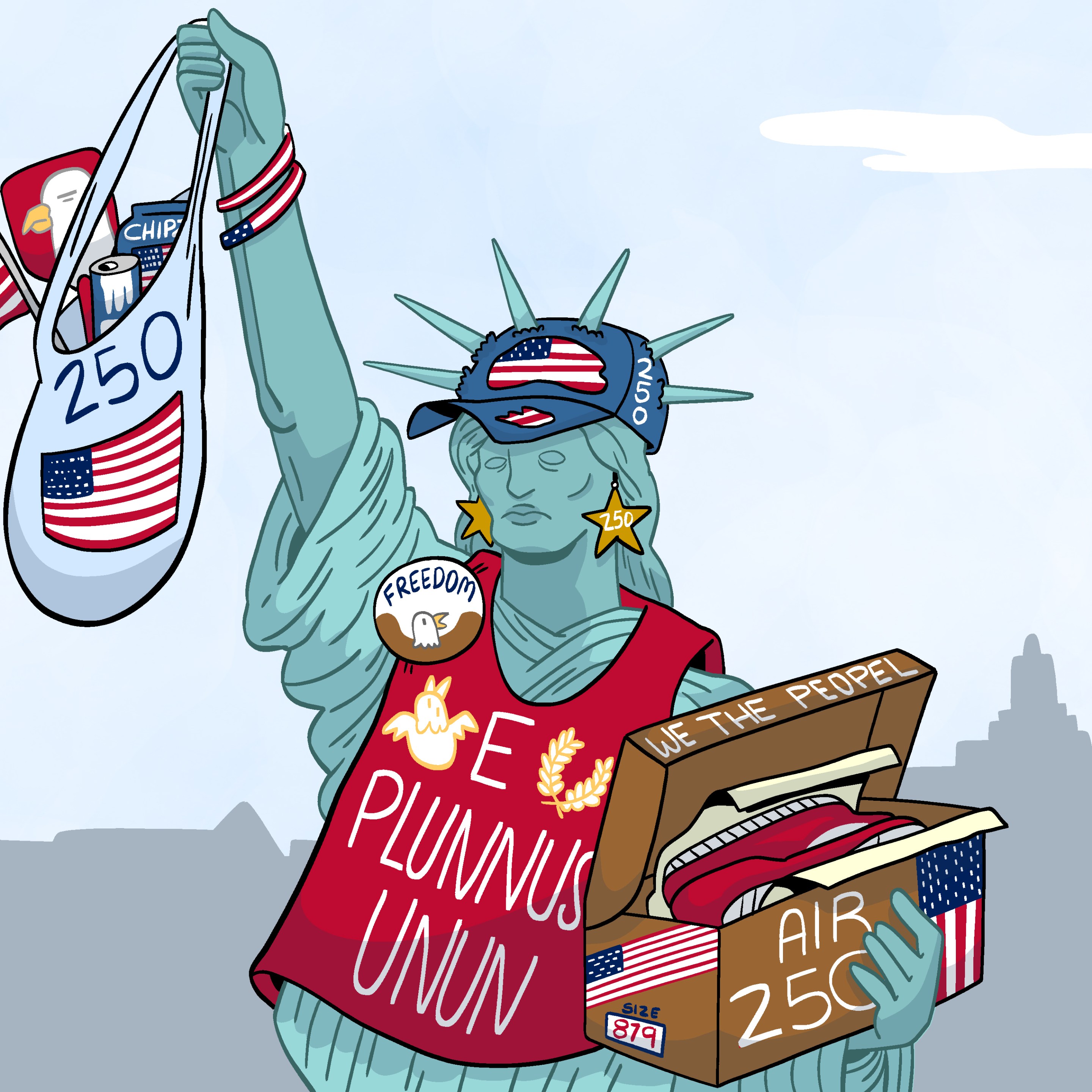 A drawing of the State of Liberty wearing a bunch of cheaply made America250 merchandise.