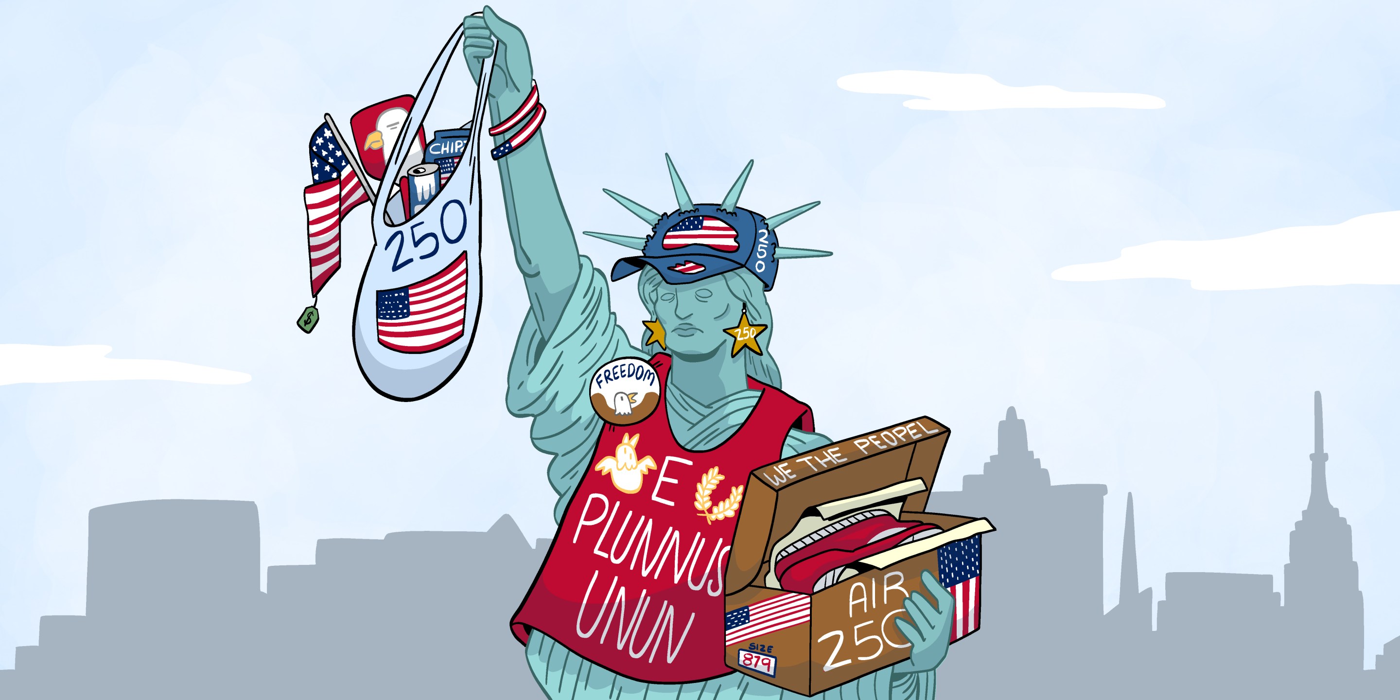 A drawing of the State of Liberty wearing a bunch of cheaply made America250 merchandise.