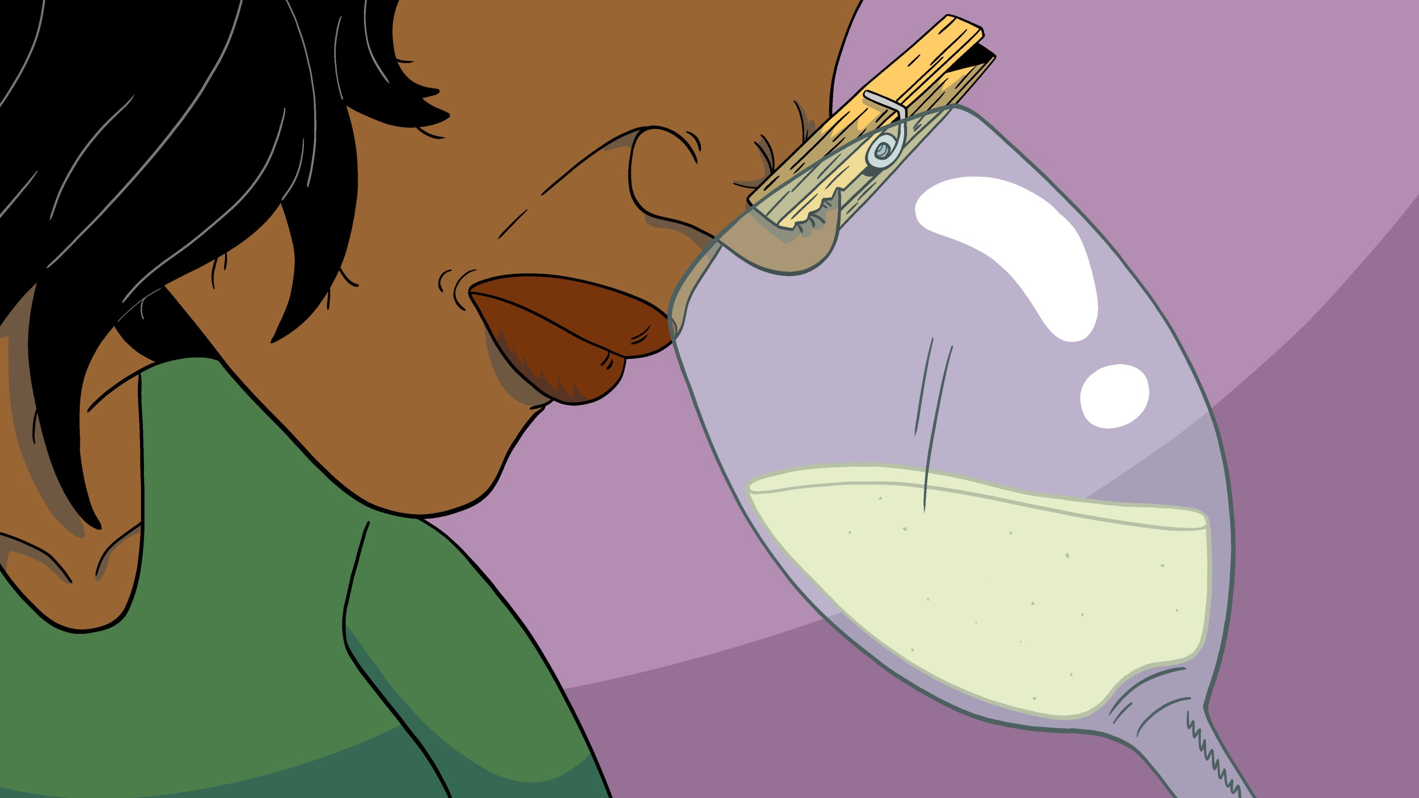 drawing: a person with a clothespin on their nose holds a bottle of wine to their face