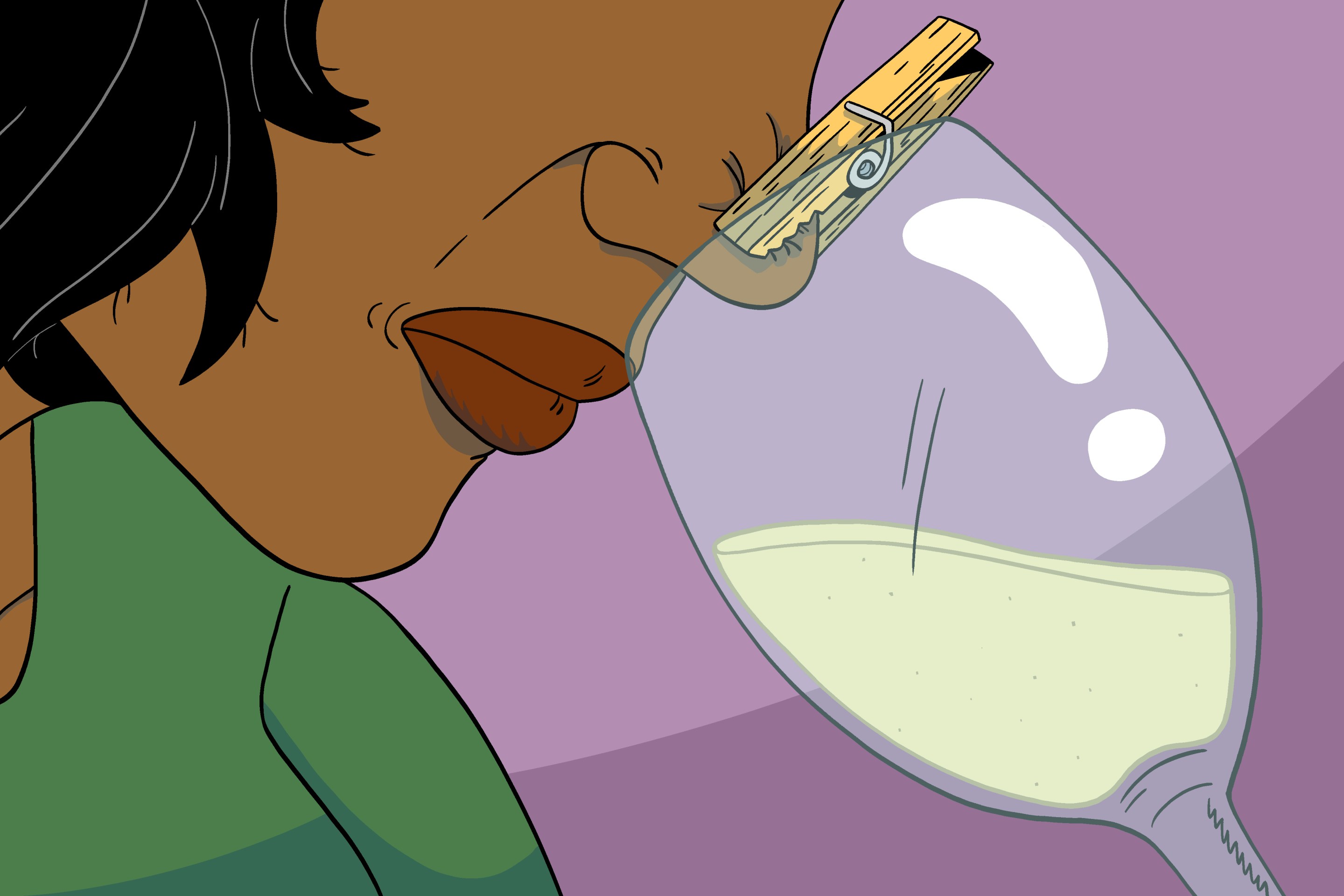 drawing: a person with a clothespin on their nose holds a bottle of wine to their face