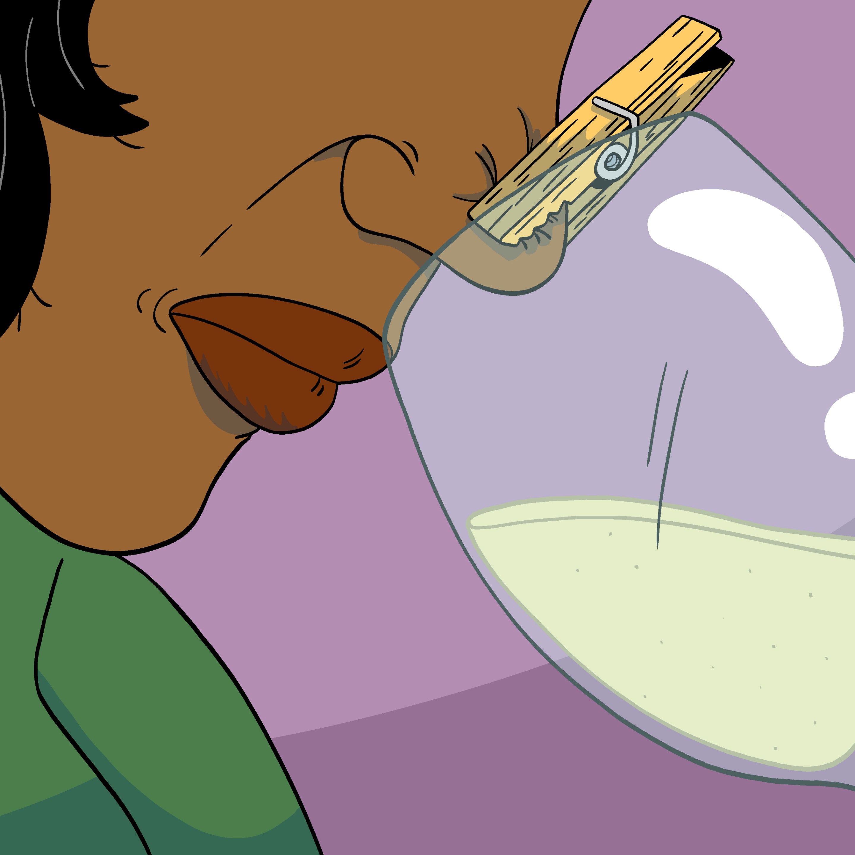 drawing: a person with a clothespin on their nose holds a bottle of wine to their face