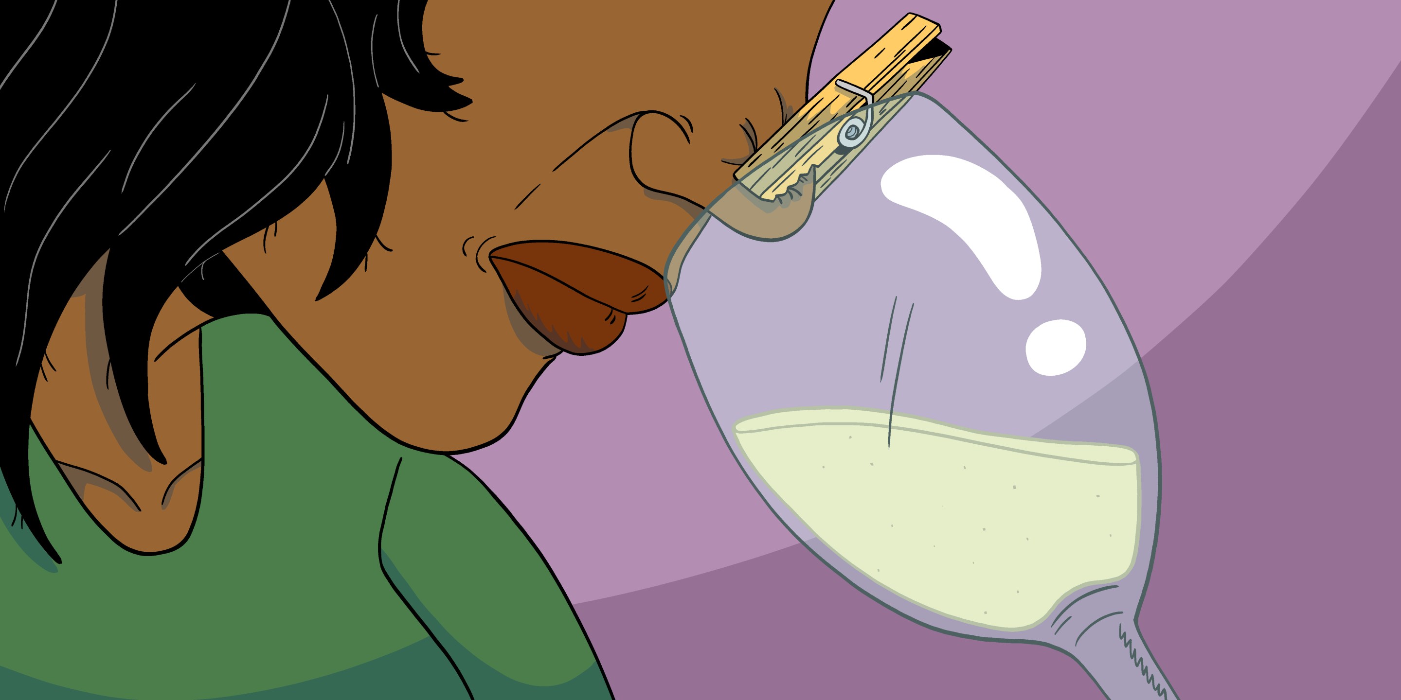 drawing: a person with a clothespin on their nose holds a bottle of wine to their face