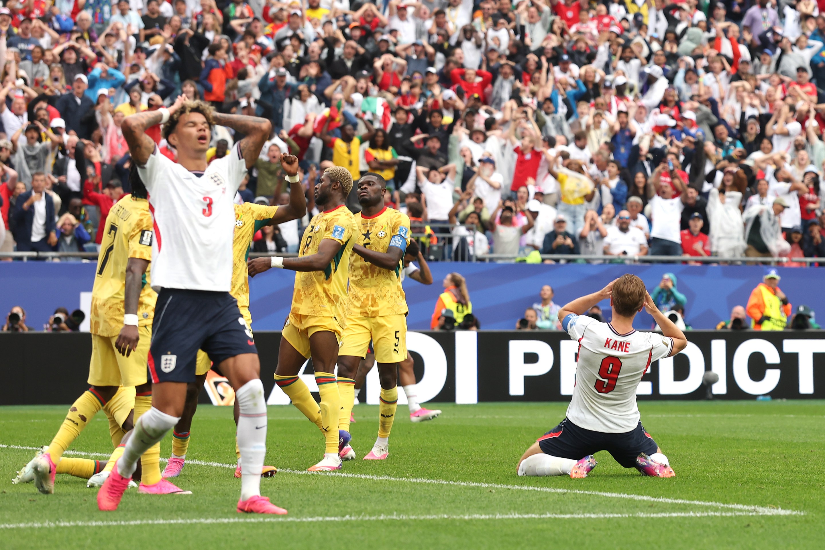 Nico O'Reilly #3 and Harry Kane #9 of England react after a missed chance during the FIFA World Cup 2026 Group L match between England and Ghana.