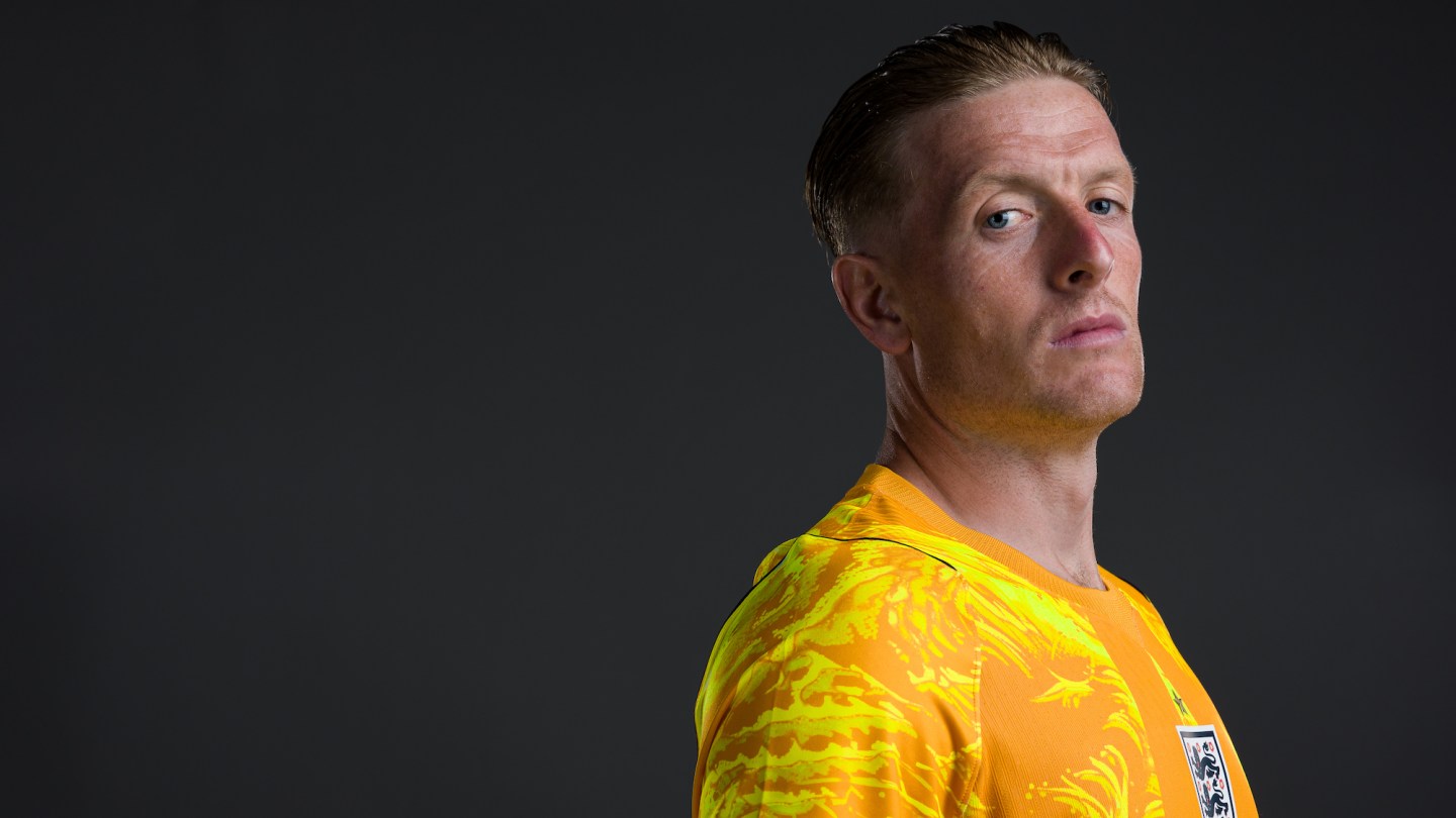 Jordan Pickford tough-guy posing for a photograph for England's men's national team