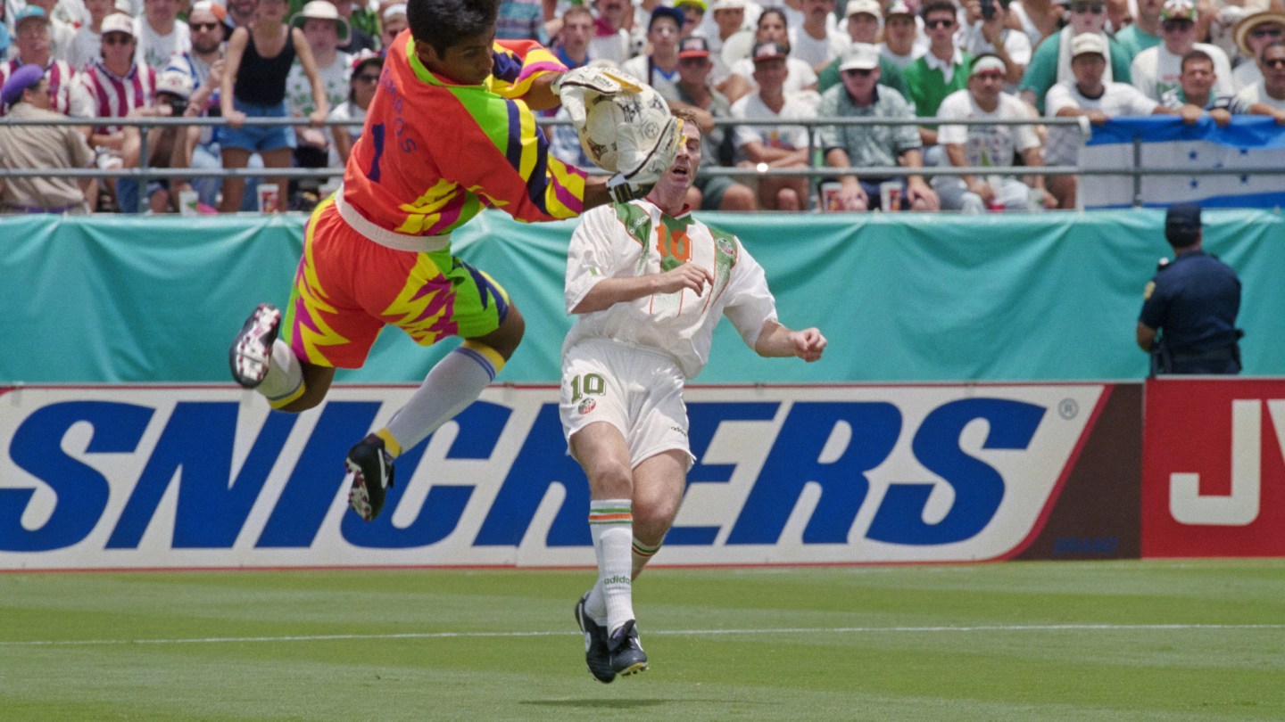 Mexican goalie Jorge Campos blocks a shot by Ireland's John Sheridan during their World Cup match in Orlando on June 24, 1994.