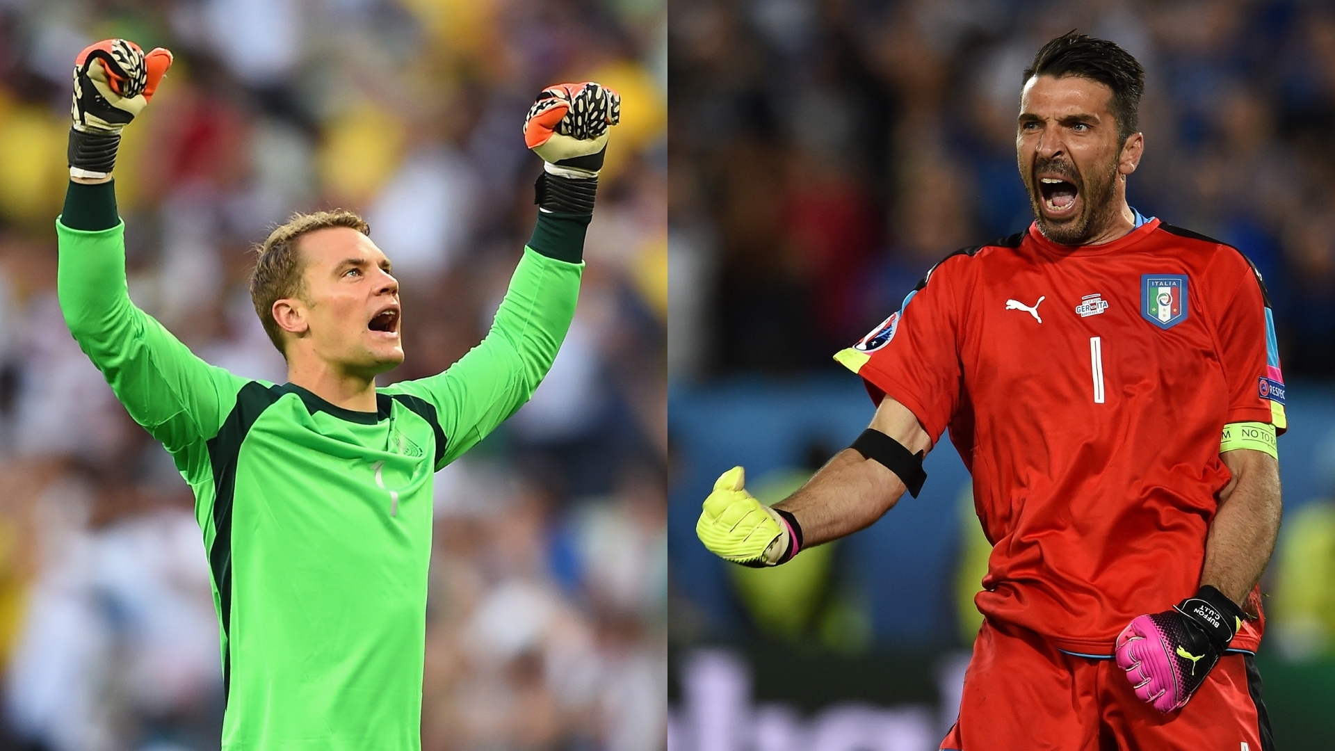 A split image: On the left, a beatific Manuel Neuer with his fists raised in triumph; on the right, a feral roaring Gianluigi Buffon with his fists low, also in triumph.
