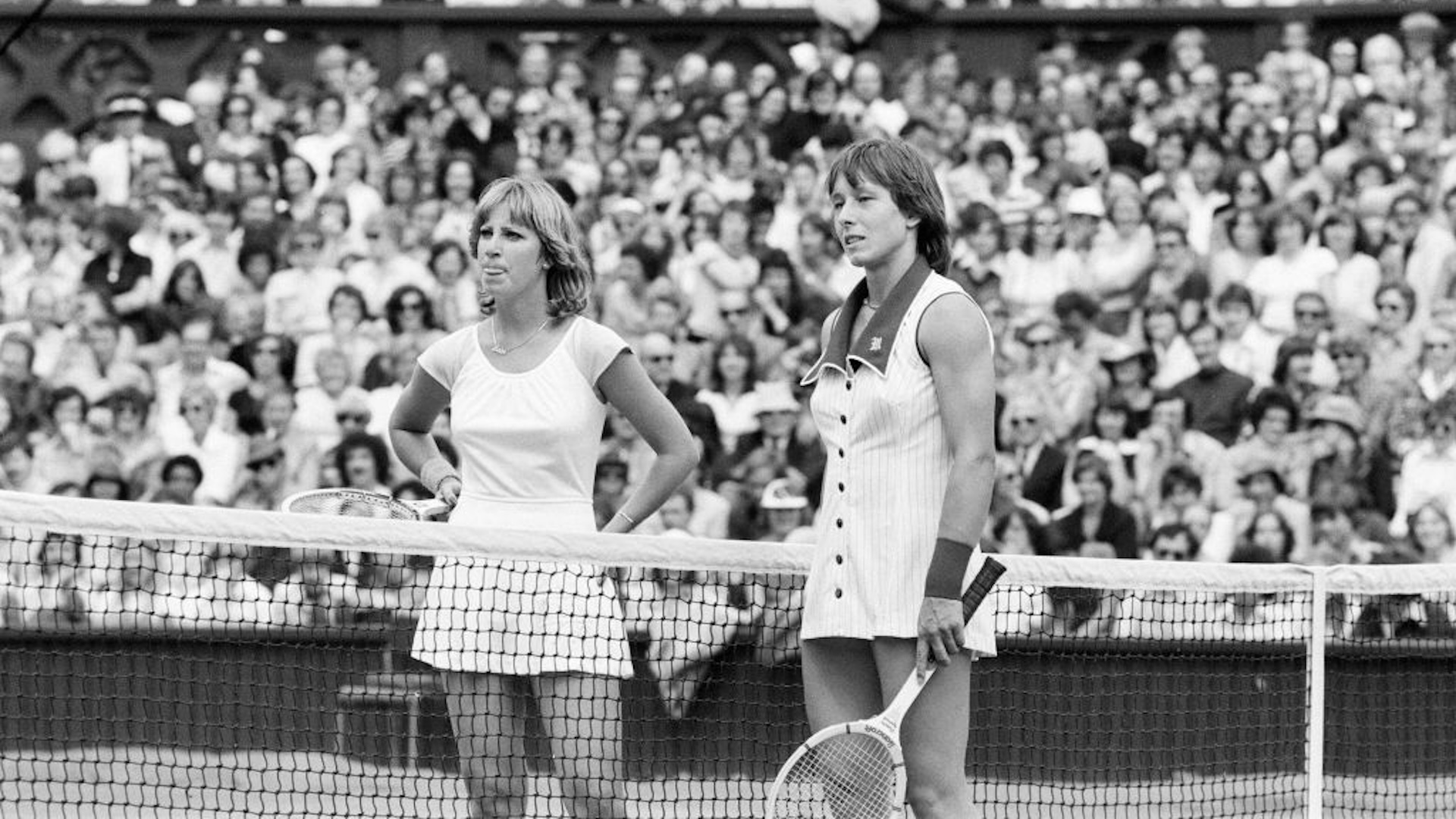 1978 Ladies Singles Final, Wimbledon, Chris Evert v Martina Navratilova, Wimbledon Tennis Championships, Friday 7th July 1978. Martina Navratilova wins in three sets (2?6, 6?4, 7?5), Chris Evert and Martina Navratilova, together on Centre Court.