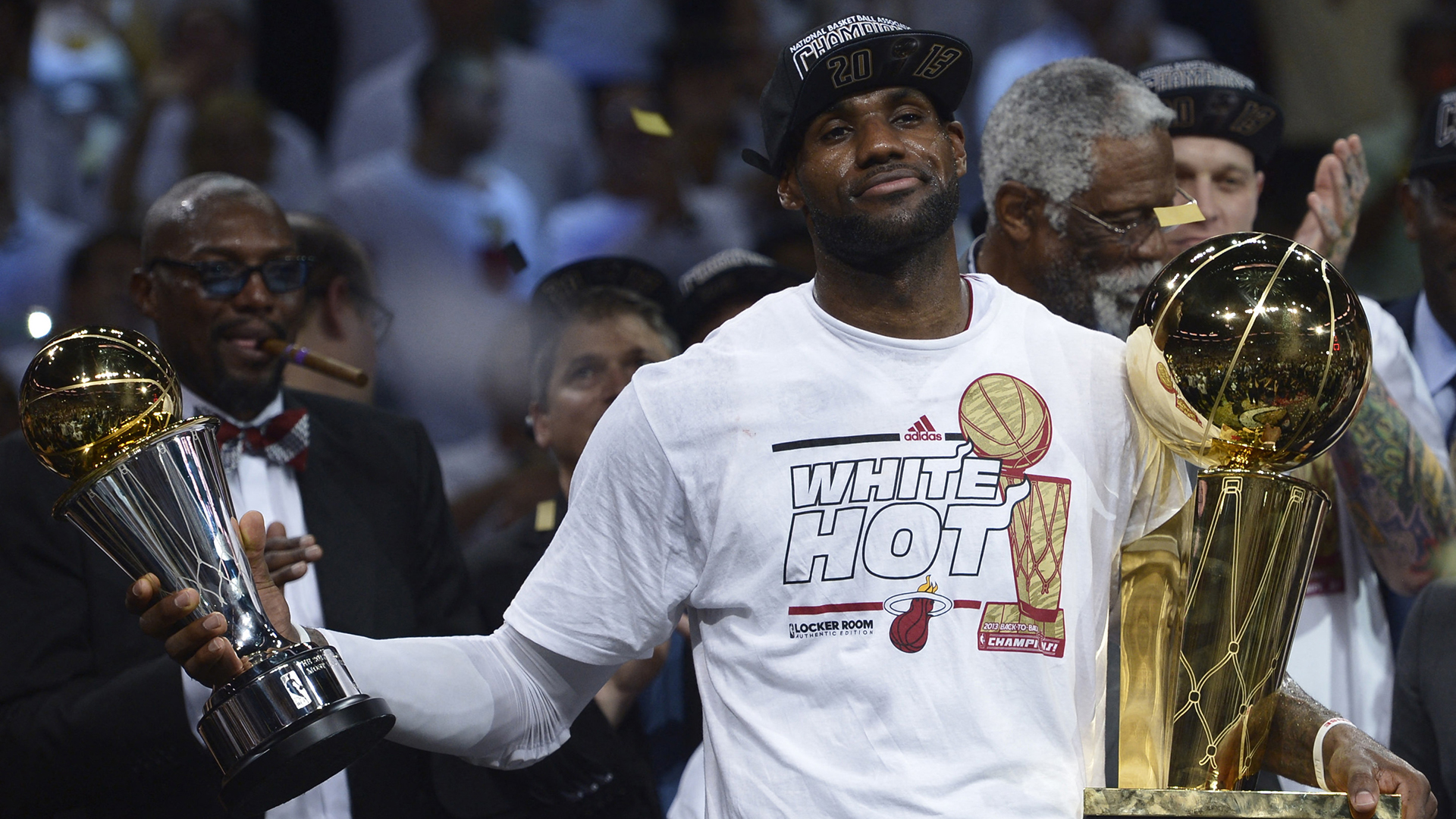 LeBron James of the Miami Heat celebrates winning Game 7 of the NBA Finals at the American Airlines Arena June 20, 2013 in Miami, Florida. The Miami Heat, led by NBA Most Valuable Player LeBron James, won the NBA Finals for the second consecutive year by defeating the San Antonio Spurs 95-88 in game seven of the championship series.