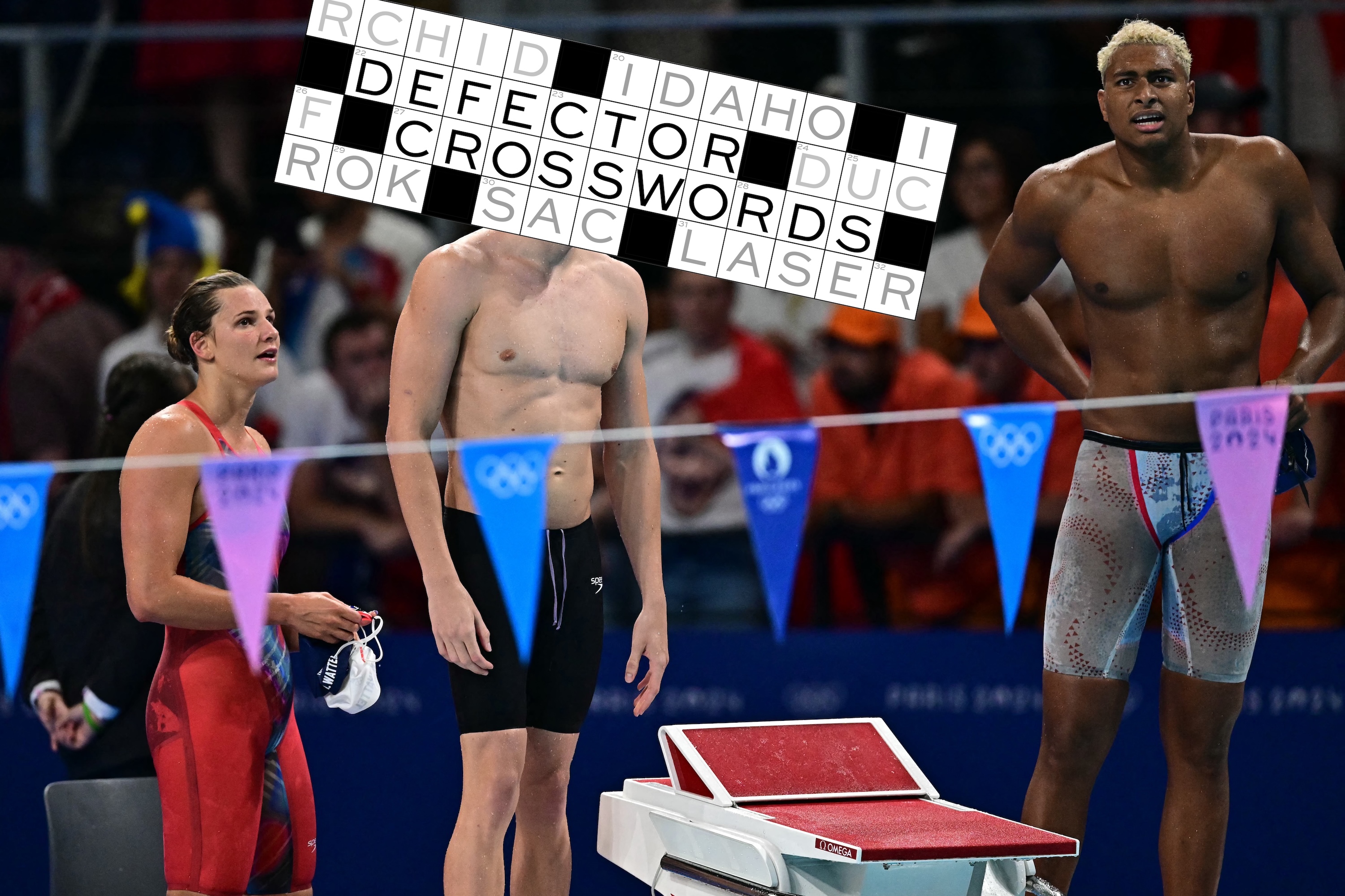 France's Marie Wattel, France's Leon Marchand and France's Yohann Ndoye-Brouard react after the final of the mixed 4x100m medley relay final swimming event during the Paris 2024 Olympic Games at the Paris La Defense Arena in Nanterre, west of Paris, on August 3, 2024.