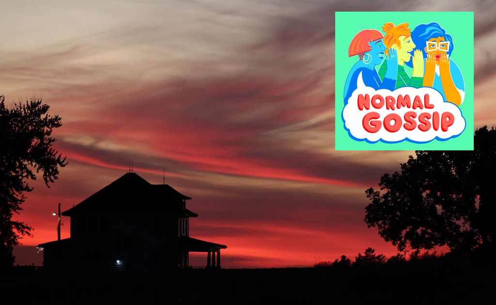 A farmhouse at sunset