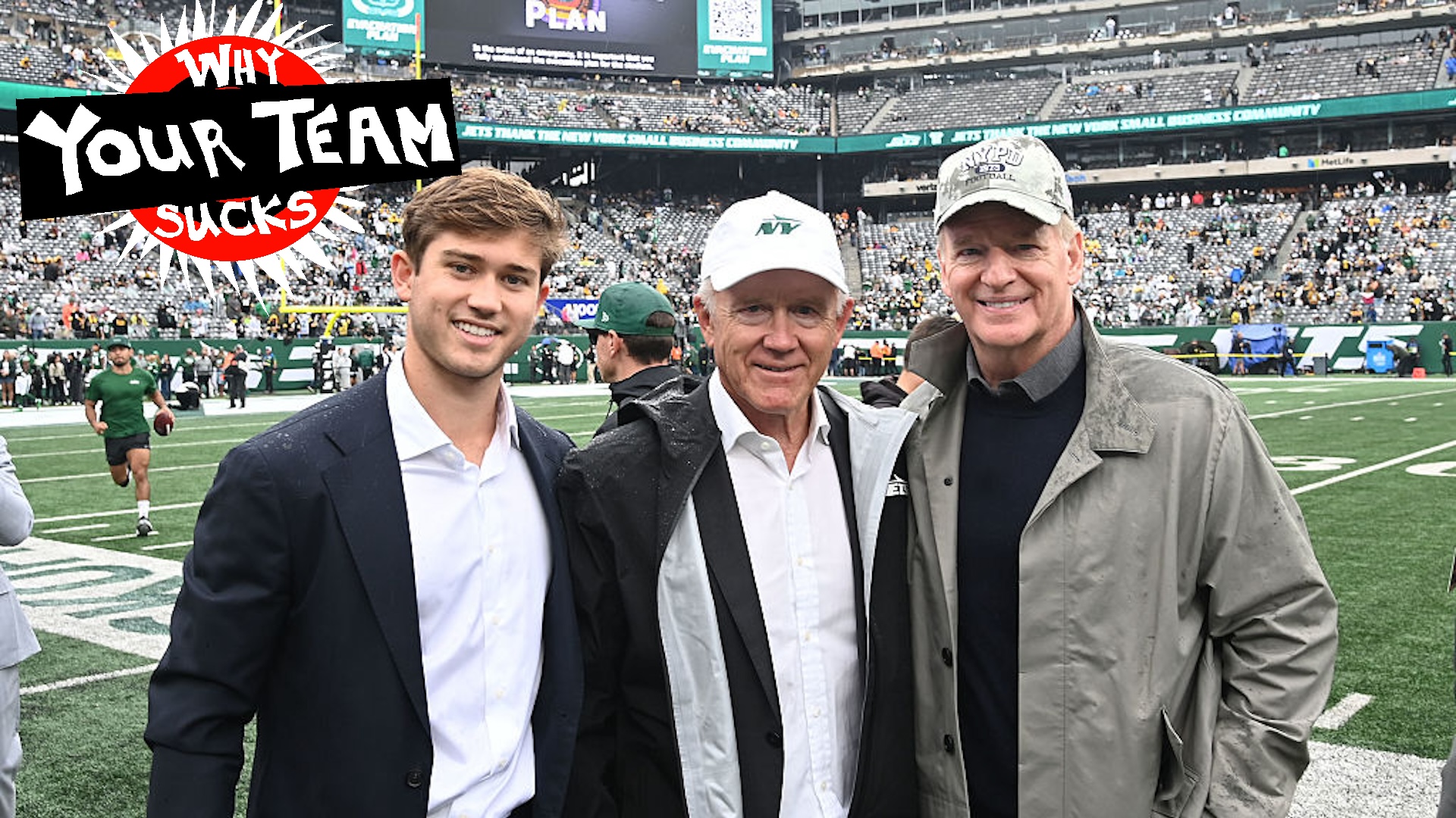 Brick Johnson, Woody Johnson, and Roger Goodell pose for a photo