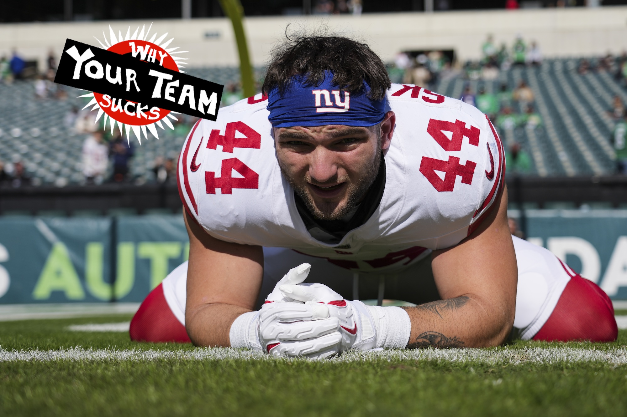 PHILADELPHIA, PENNSYLVANIA - OCTOBER 26: Cam Skattebo #44 of the New York Giants warms up prior to an NFL football game against the Philadelphia Eagles at Lincoln Financial Field on October 26, 2025 in Philadelphia, Pennsylvania. (Photo by Perry Knotts/Getty Images)