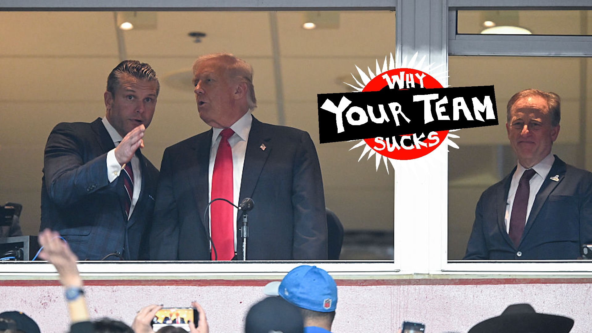Secretary of War Pete Hegseth (L) speaks with U.S. President Donald Trump as Commanders team owner Josh Harris looks on at the NFL football game between the Detroit Lions and Washington Commanders at Northwest Stadium