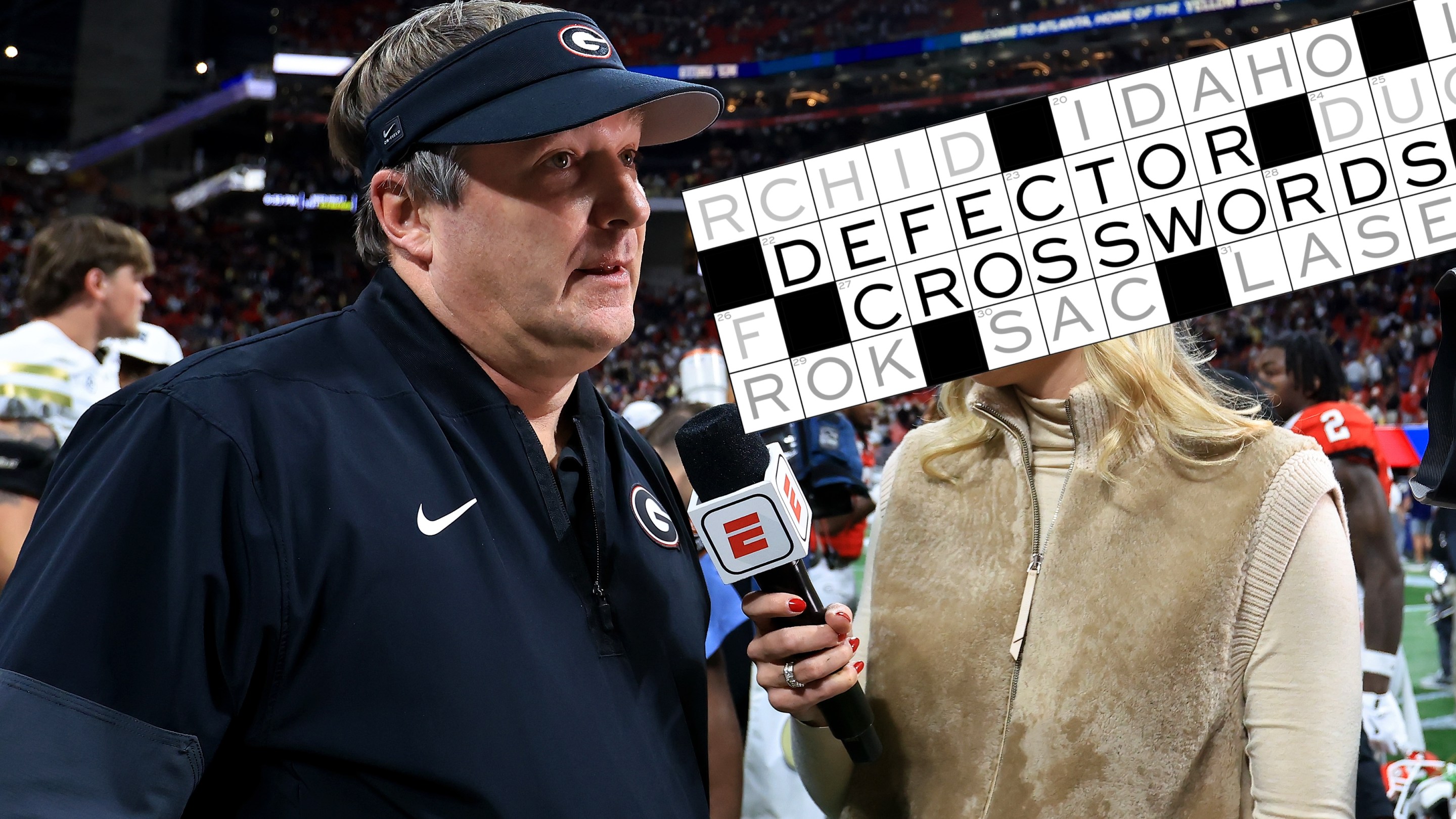 ABC/ESPN sideline reporter Katie George interviews head coach Kirby Smart of the Georgia Bulldogs after the Friday afternoon college football game between the UGA Bulldogs and the Georgia Tech Yellow Jackets on November 28, 2025 at Mercedes-Benz Stadium in Atlanta, GA.