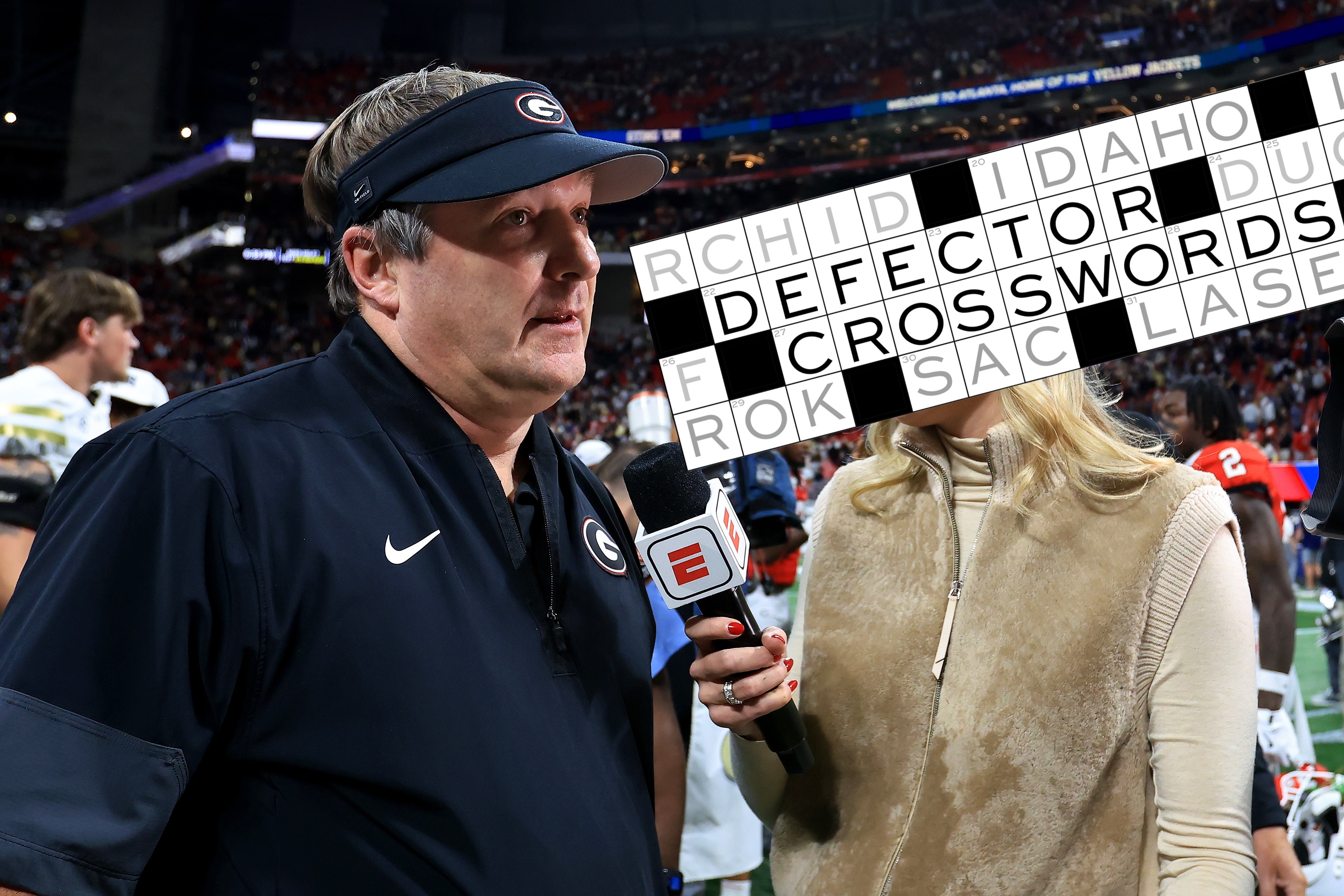 ABC/ESPN sideline reporter Katie George interviews head coach Kirby Smart of the Georgia Bulldogs after the Friday afternoon college football game between the UGA Bulldogs and the Georgia Tech Yellow Jackets on November 28, 2025 at Mercedes-Benz Stadium in Atlanta, GA.