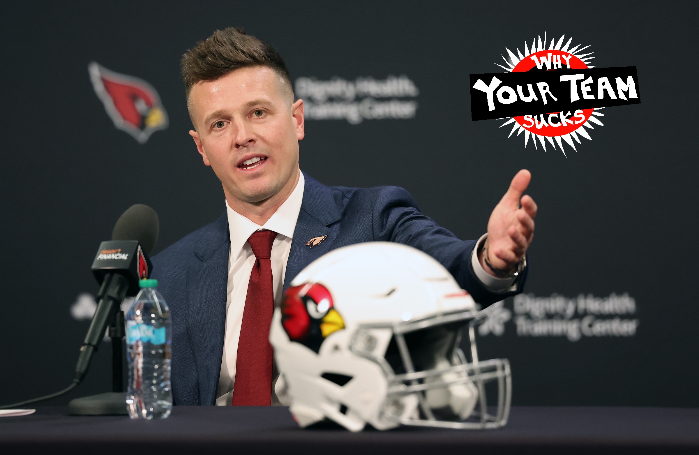TEMPE, ARIZONA - FEBRUARY 03: New Arizona Cardinals head coach Mike LaFleur speaks to the media during a press conference at Dignity Health Arizona Cardinals Training Center on February 03, 2026 in Tempe, Arizona. (Photo by Chris Coduto/Getty Images)