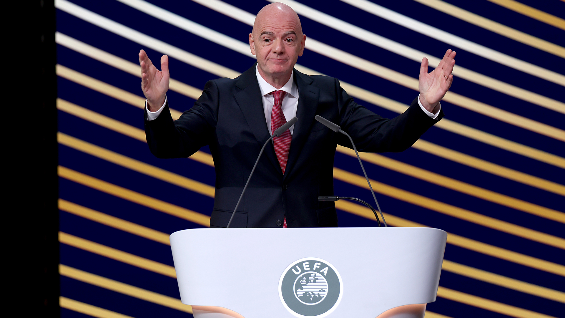Gianni Infantino, President of FIFA, speaks during the 50th UEFA Ordinary Congress Meeting at Brussels Expo on February 12, 2026 in Brussels, Belgium.