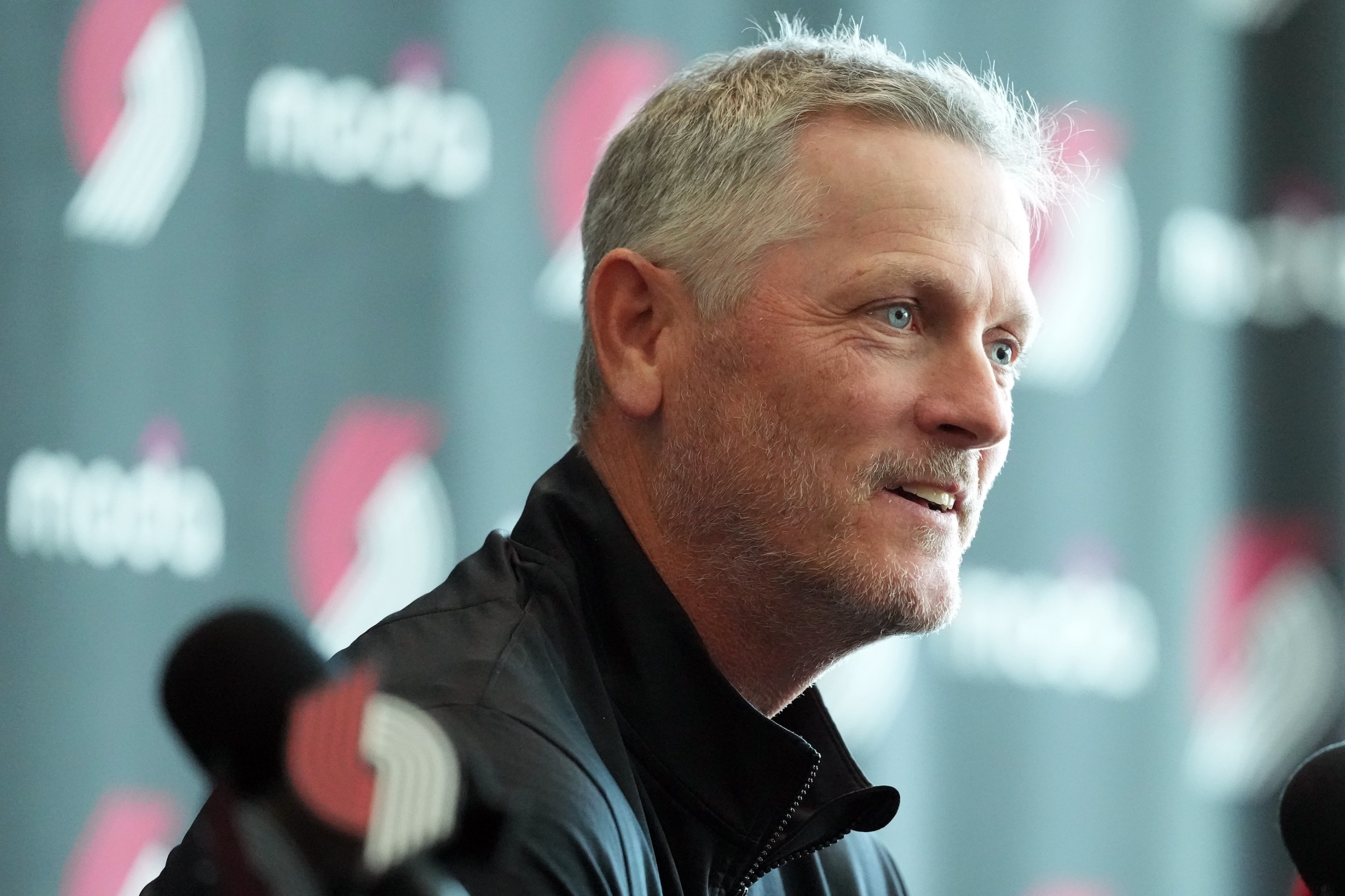 Owner Tom Dundon of the Portland Trail Blazers speaks during a press conference before a game on April 2, 2026.