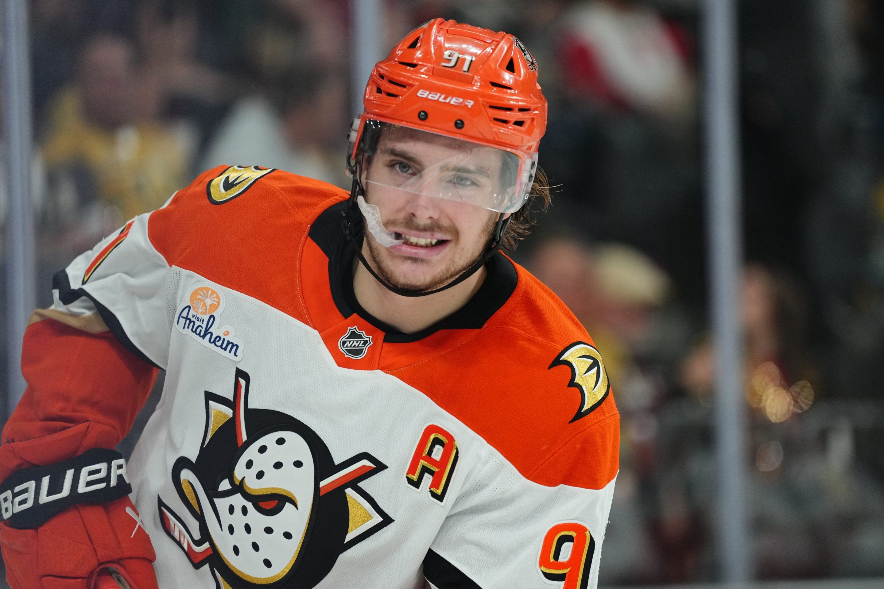 LAS VEGAS, NEVADA - MAY 06: Leo Carlsson #91 of the Anaheim Ducks skates during the third period against the Vegas Golden Knights in Game Two of the Second Round of the 2026 Stanley Cup Playoffs at T-Mobile Arena on May 06, 2026 in Las Vegas, Nevada. (Photo by Jeff Bottari/NHLI via Getty Images)