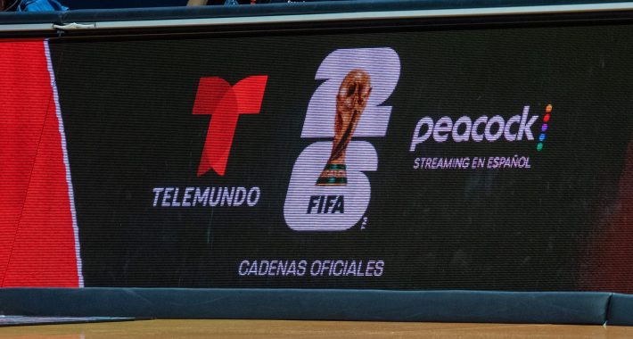 World Cup official broadcast Telemundo and Peacock streaming in Spanish signage during the WNBA game between the Indiana Fever and the Connecticut Sun on June 13, 2026 at Mohegan Sun Arena in Uncasville, CT.