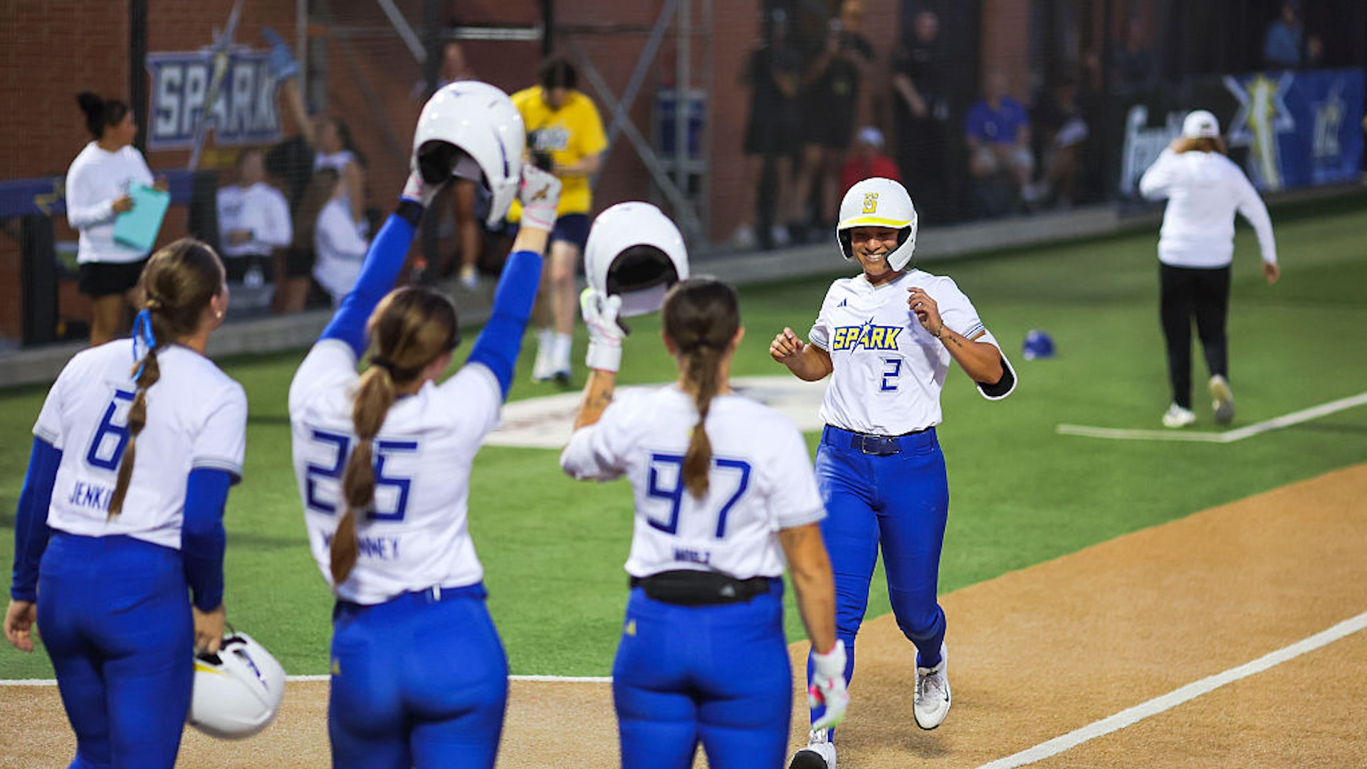 OKC Spark infielder Sydney Romero (2) runs home after a home run during the AUSL game between the Chicago Bandit