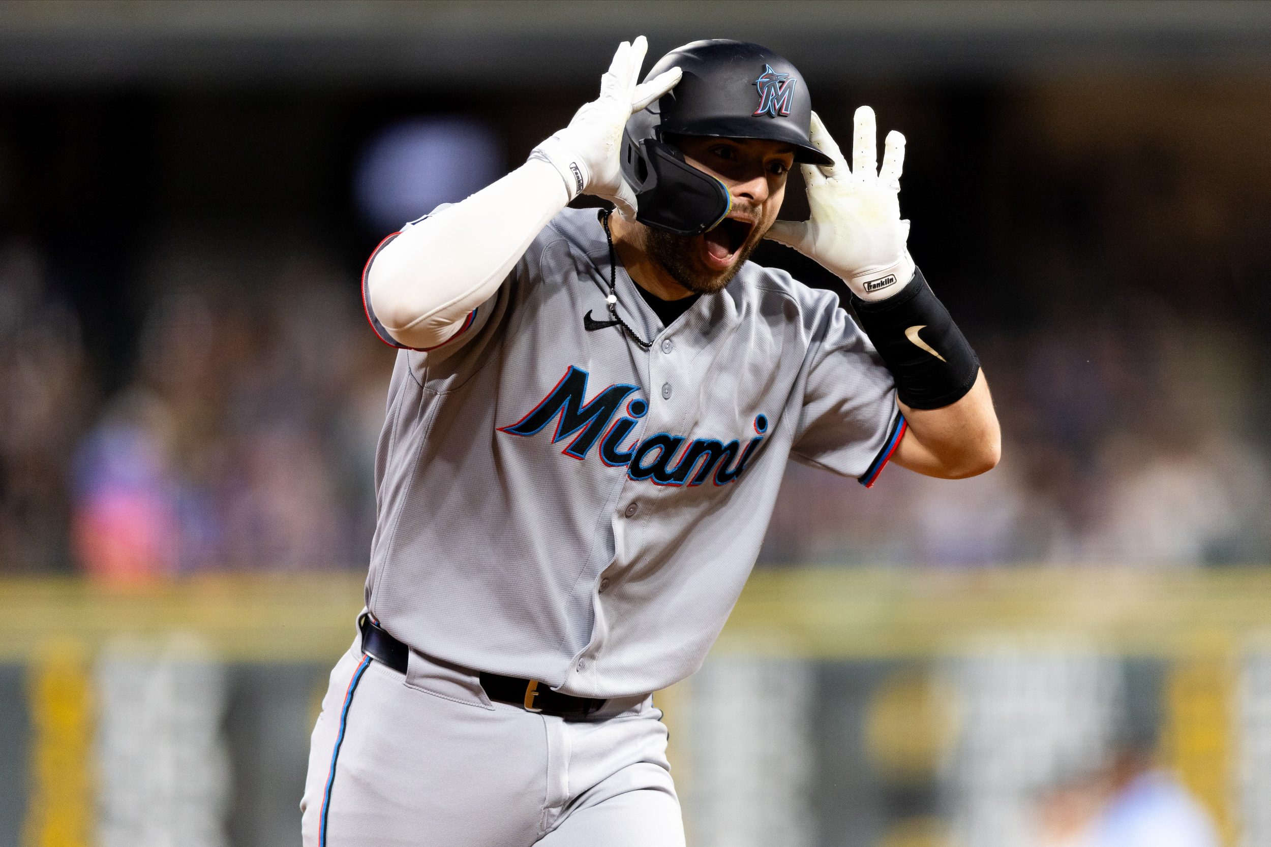 Joe Mack #80 of the Miami Marlins rounds the bases after hitting a two run home run