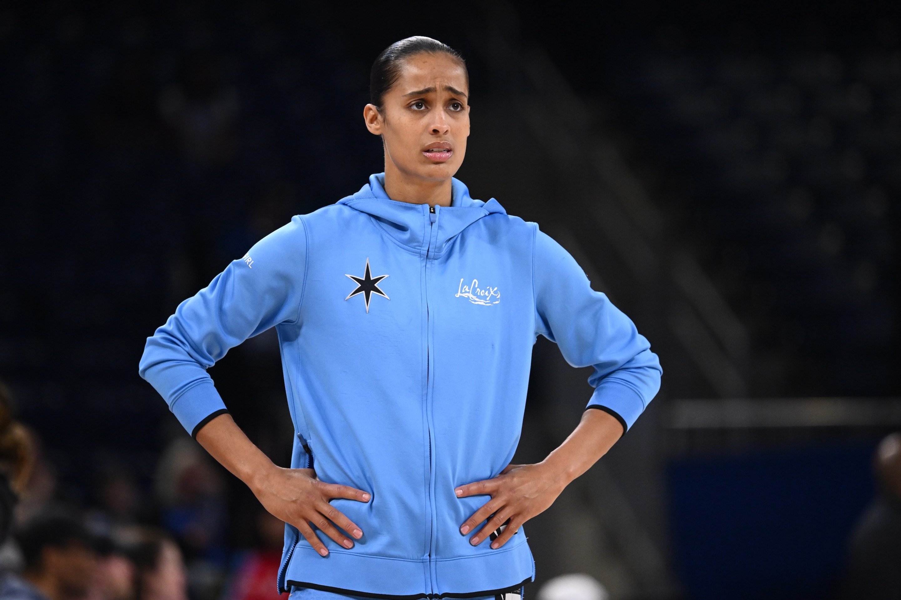 Skylar Diggins #4 of the Chicago Sky warms up prior to the game against the Portland Fire at Wintrust Arena on June 26, 2026 in Chicago, Illinois