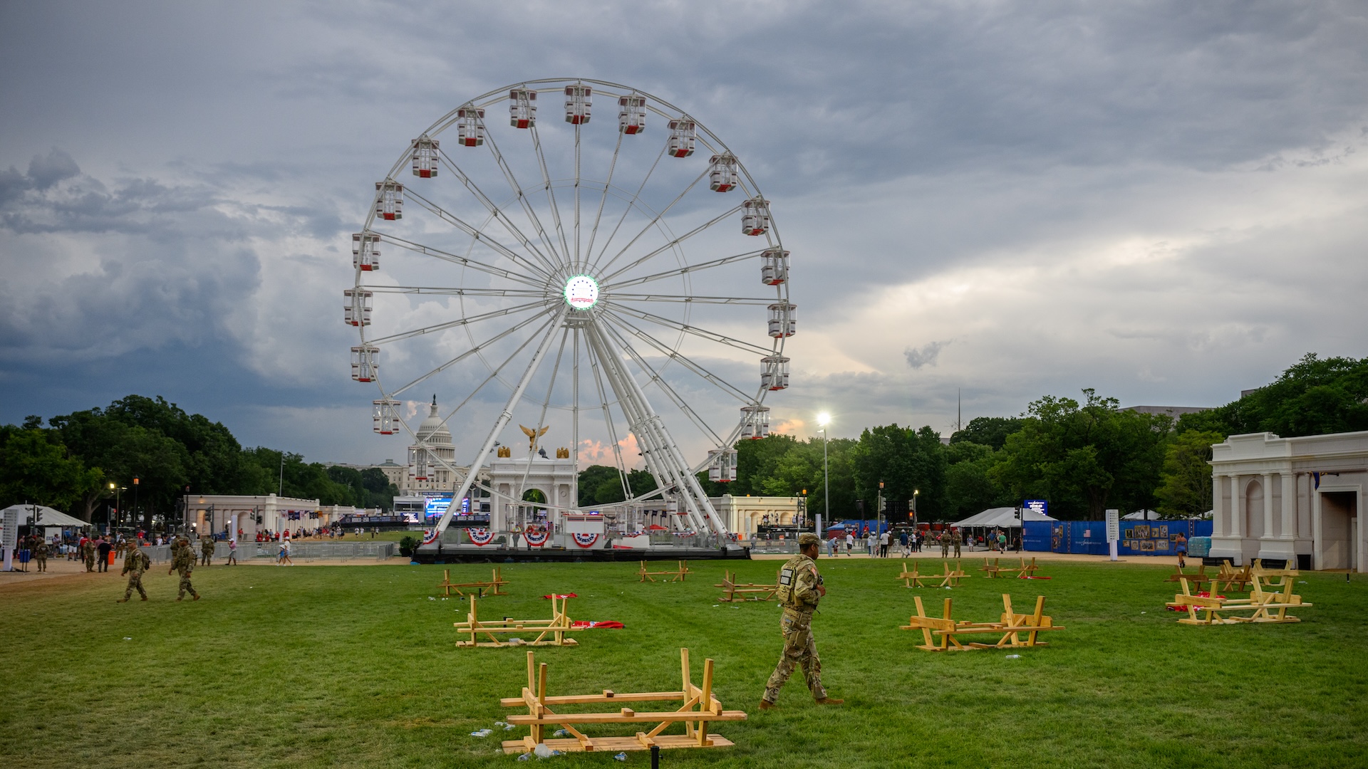 A National Guard officer walks through an emptied out area of The Great American State Fair